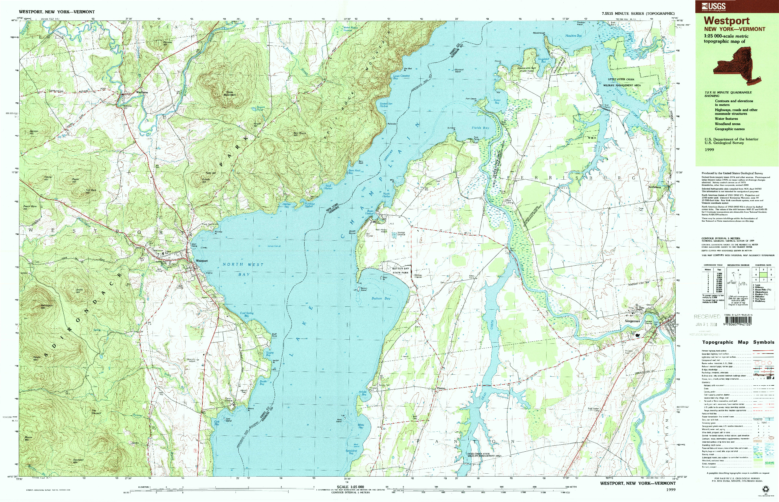 USGS 1:25000-SCALE QUADRANGLE FOR WESTPORT, NY 1999