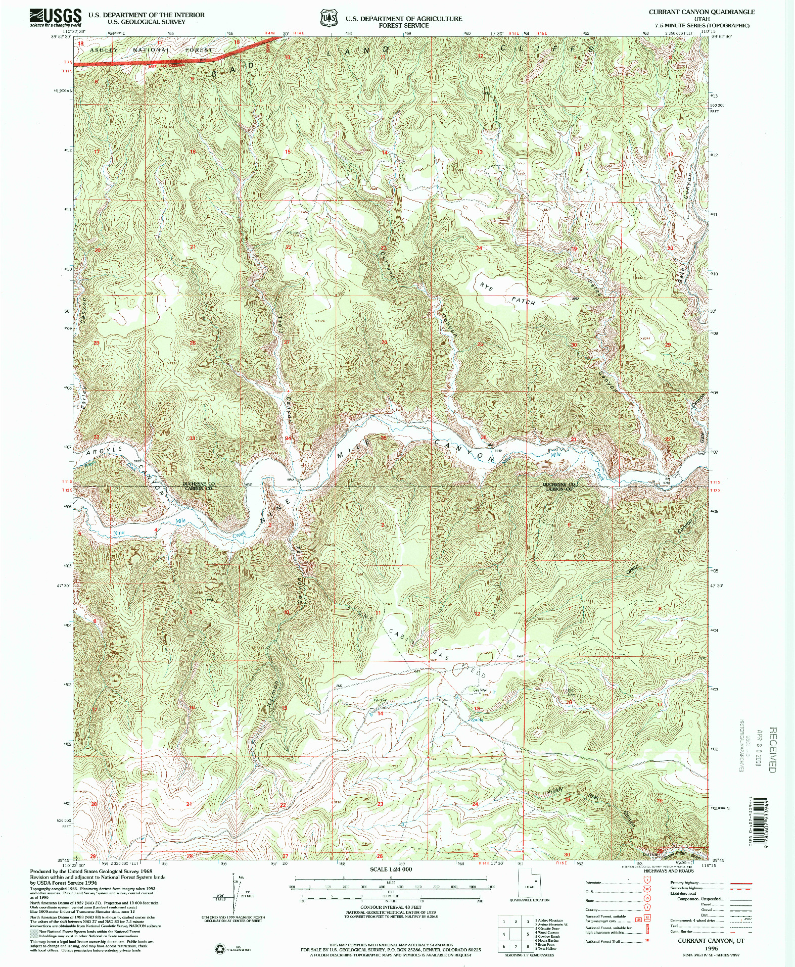 USGS 1:24000-SCALE QUADRANGLE FOR CURRANT CANYON, UT 1996