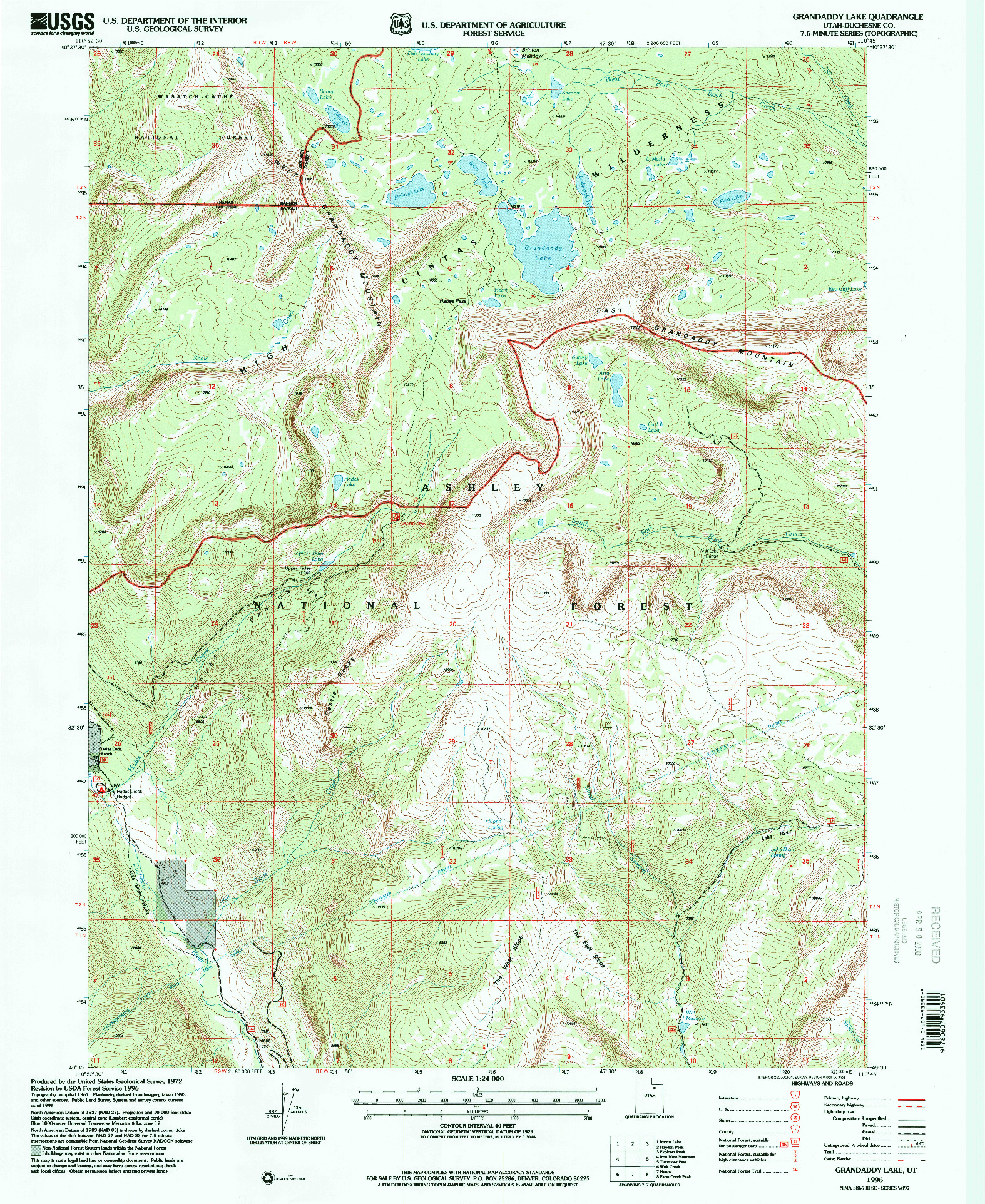 USGS 1:24000-SCALE QUADRANGLE FOR GRANDADDY LAKE, UT 1996