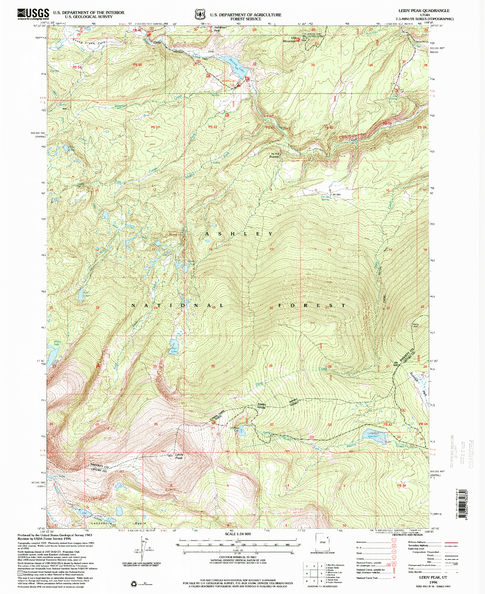 USGS 1:24000-SCALE QUADRANGLE FOR LEIDY PEAK, UT 1996