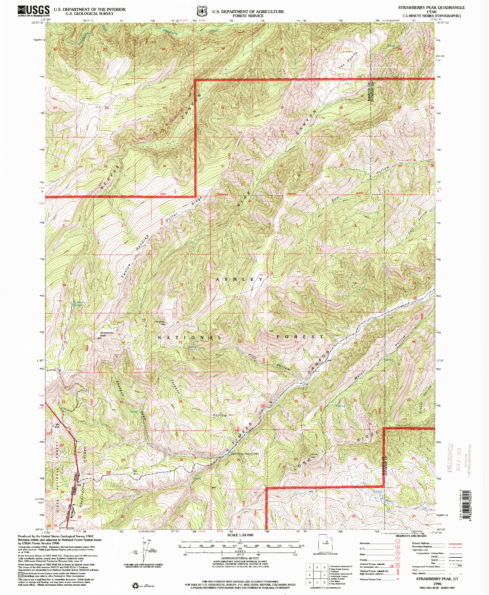 USGS 1:24000-SCALE QUADRANGLE FOR STRAWBERRY PEAK, UT 1996