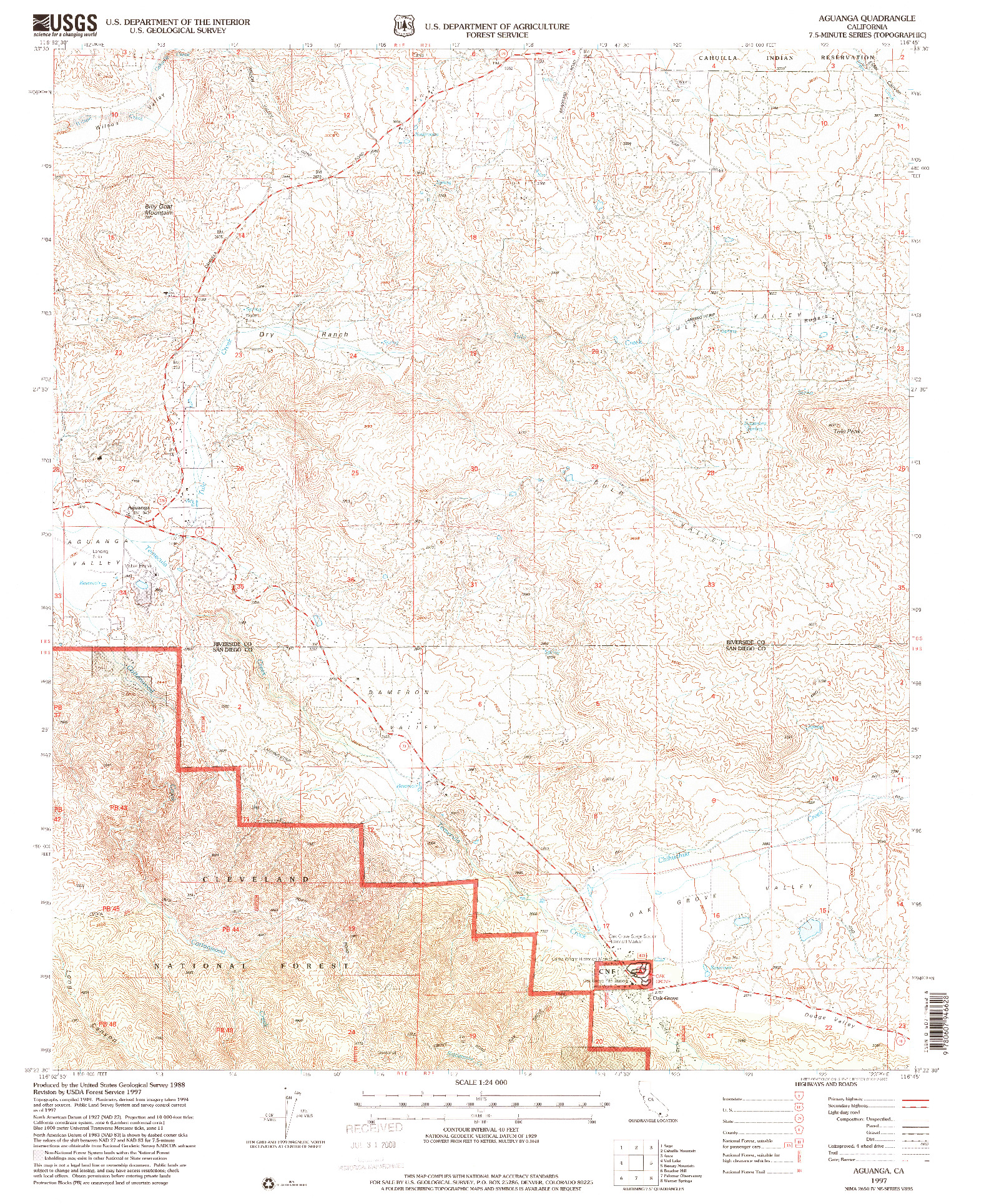 USGS 1:24000-SCALE QUADRANGLE FOR AGUANGA, CA 1997