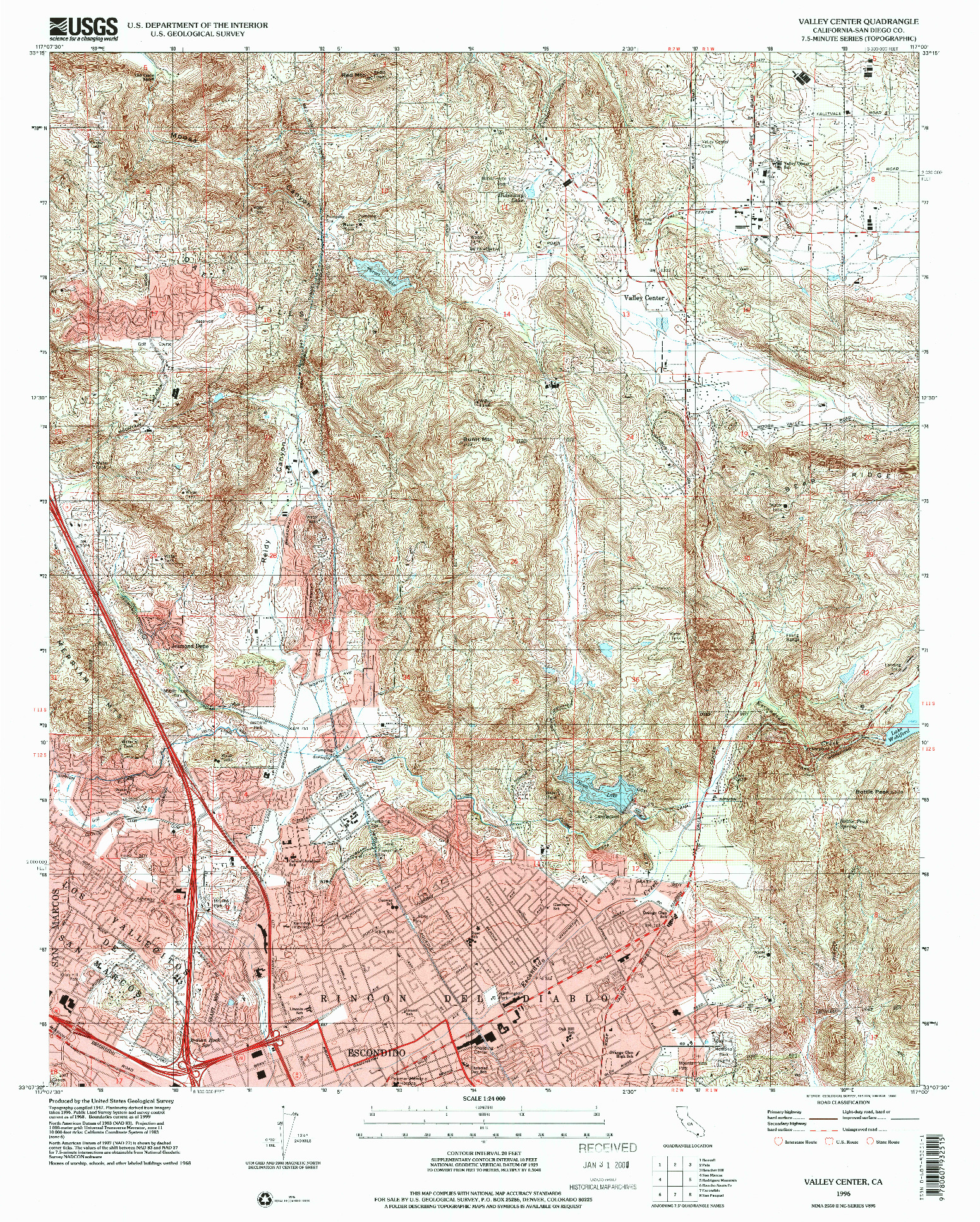 USGS 1:24000-SCALE QUADRANGLE FOR VALLEY CENTER, CA 1996