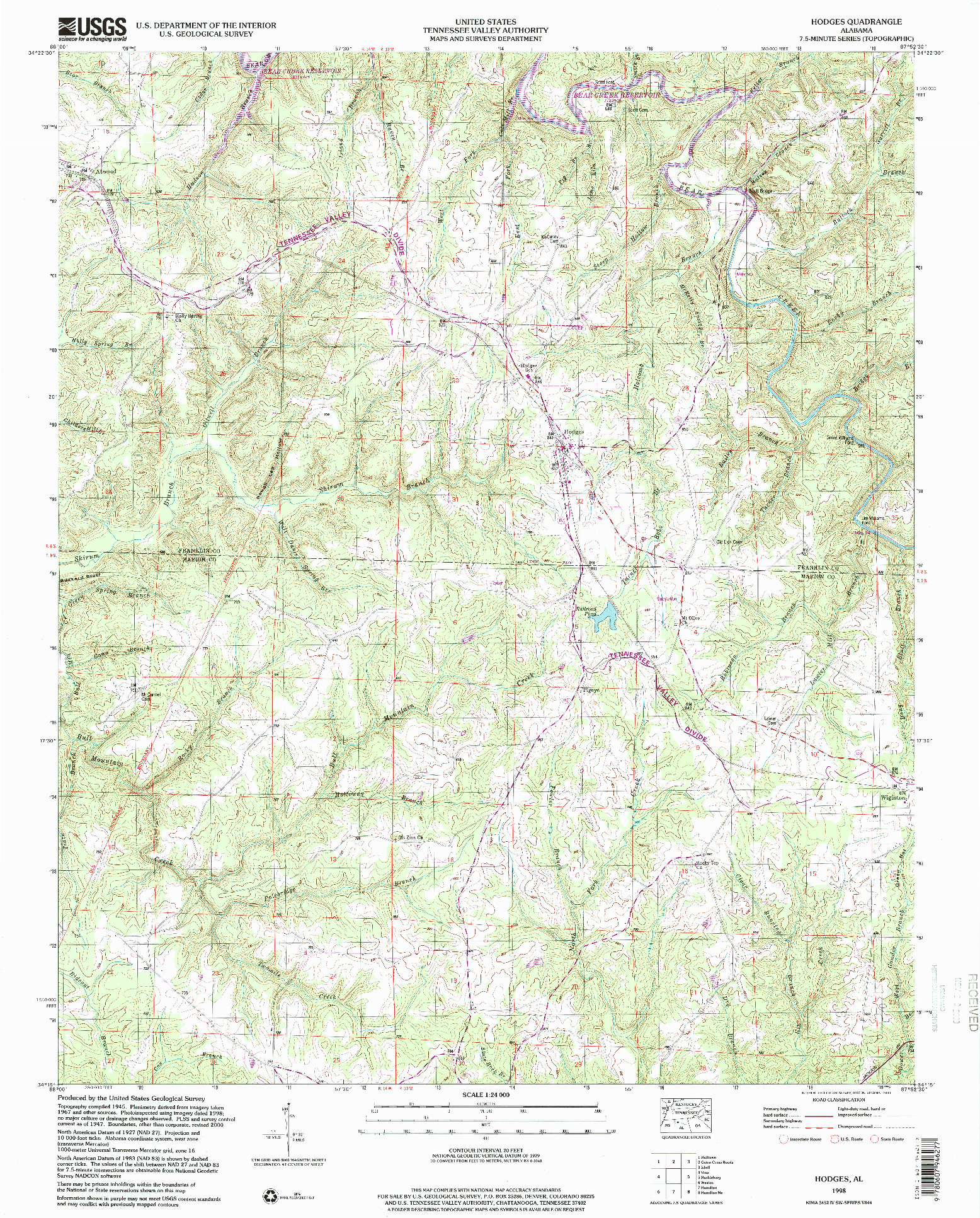 USGS 1:24000-SCALE QUADRANGLE FOR HODGES, AL 1998