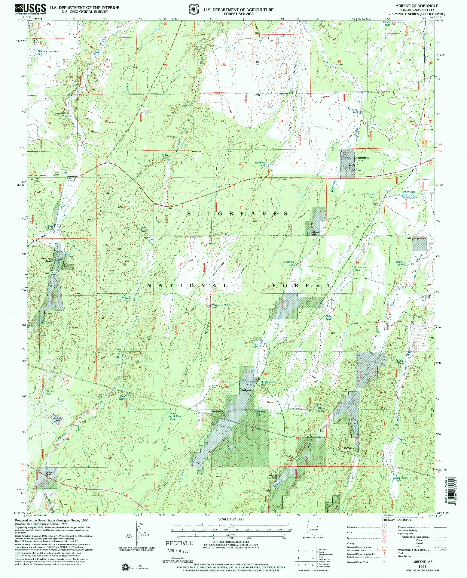 USGS 1:24000-SCALE QUADRANGLE FOR ARIPINE, AZ 1998