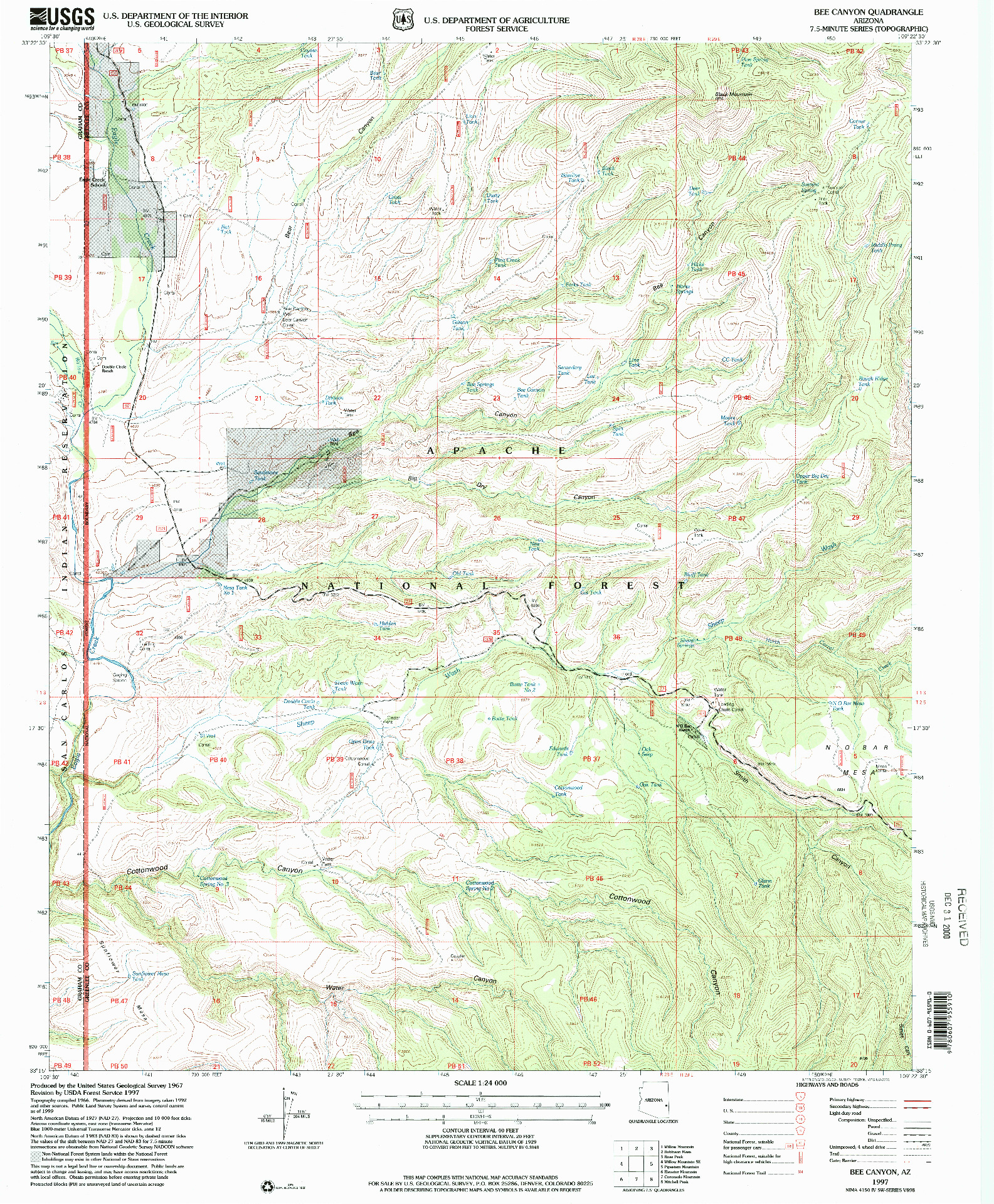 USGS 1:24000-SCALE QUADRANGLE FOR BEE CANYON, AZ 1997