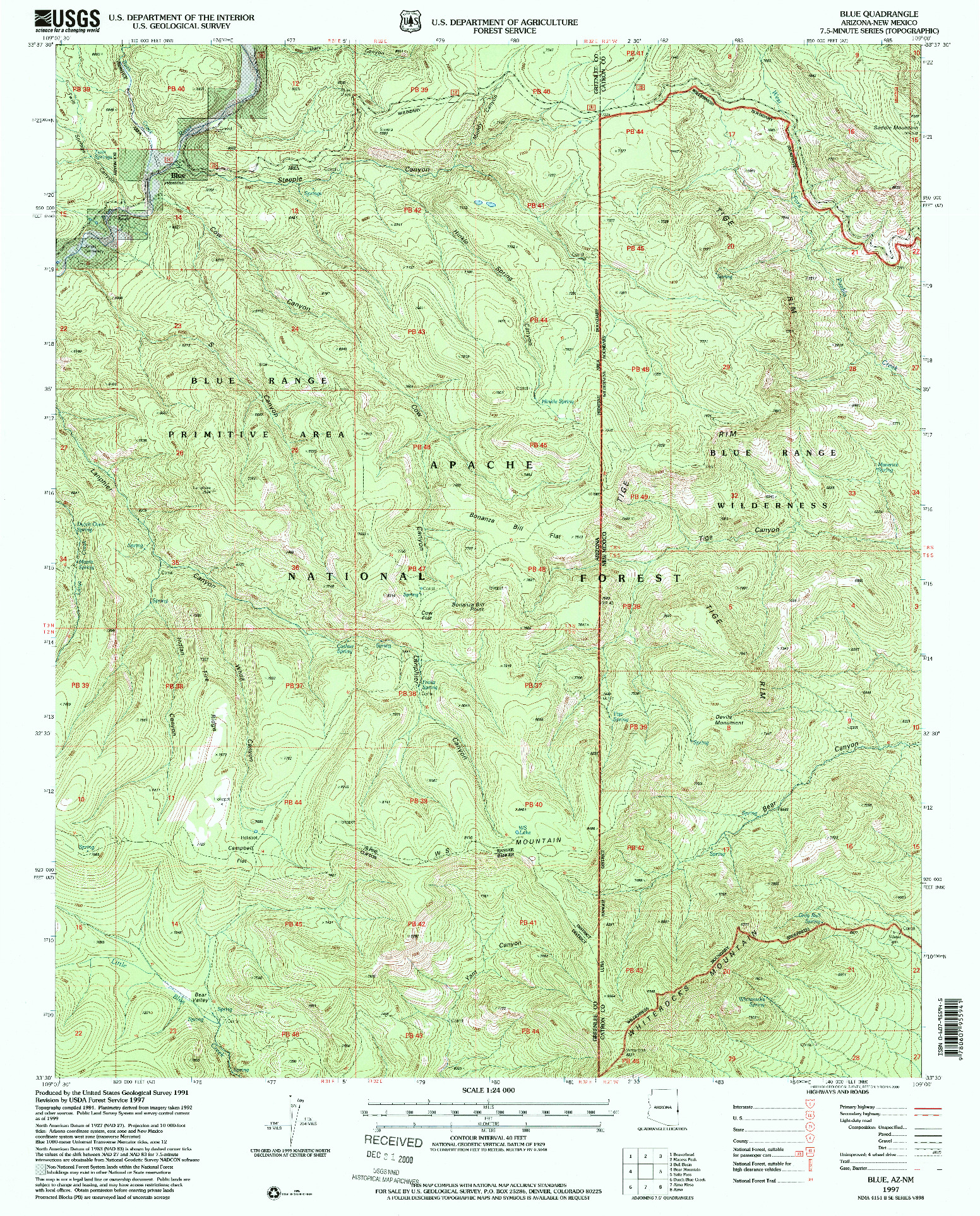 USGS 1:24000-SCALE QUADRANGLE FOR BLUE, AZ 1997