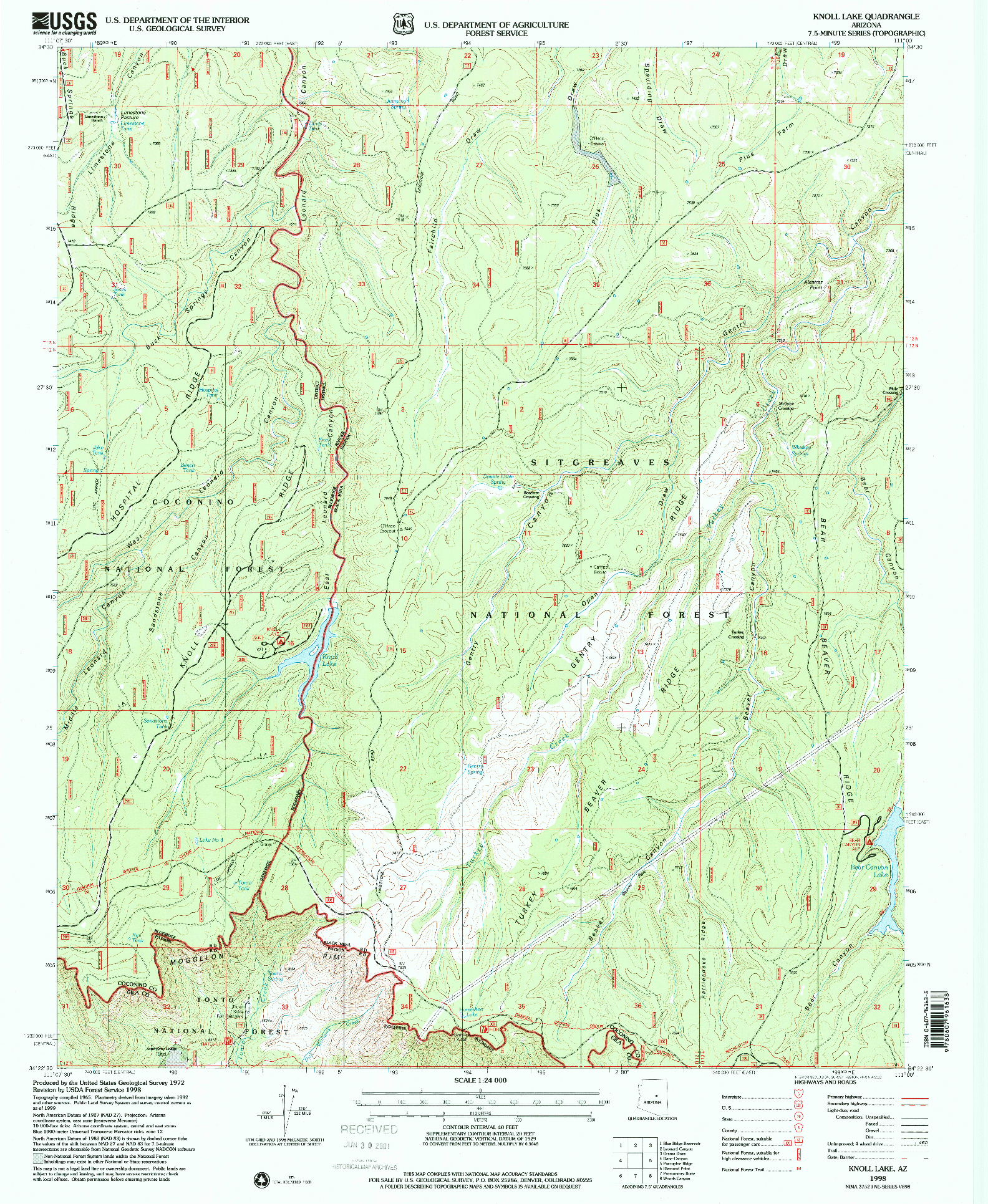 USGS 1:24000-SCALE QUADRANGLE FOR KNOLL LAKE, AZ 1998