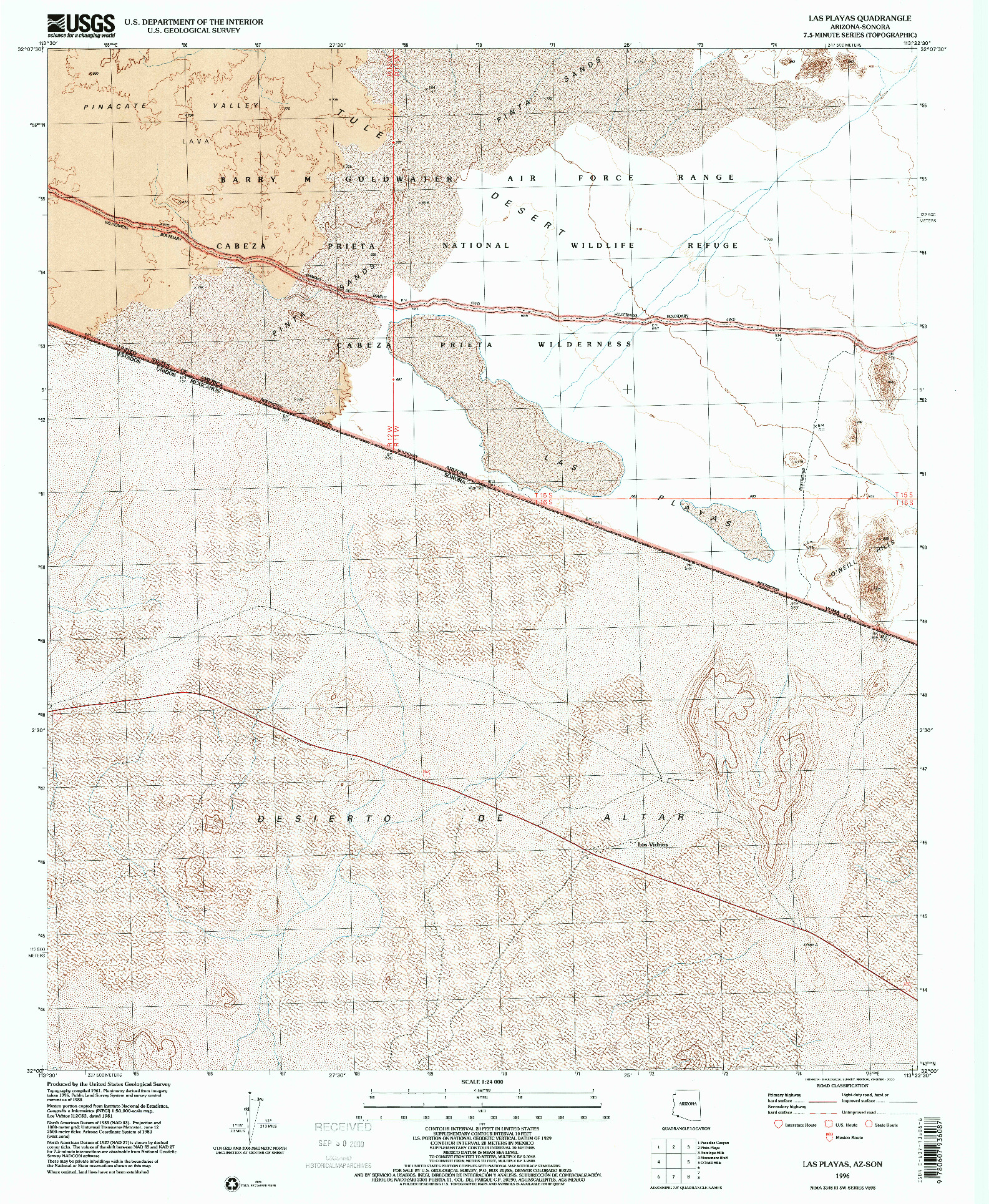 USGS 1:24000-SCALE QUADRANGLE FOR LAS PLAYAS, AZ 1996