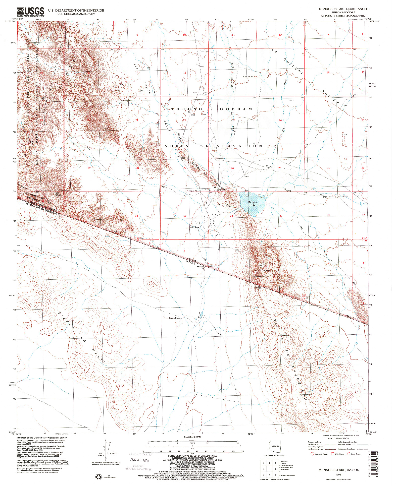 USGS 1:24000-SCALE QUADRANGLE FOR MENAGERS LAKE, AZ 1996