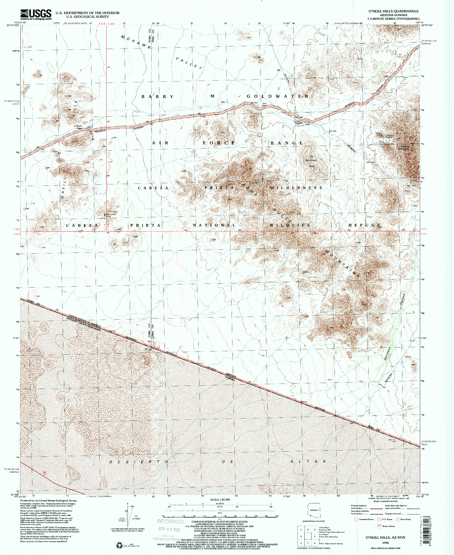 USGS 1:24000-SCALE QUADRANGLE FOR O'NEILL HILLS, AZ 1996