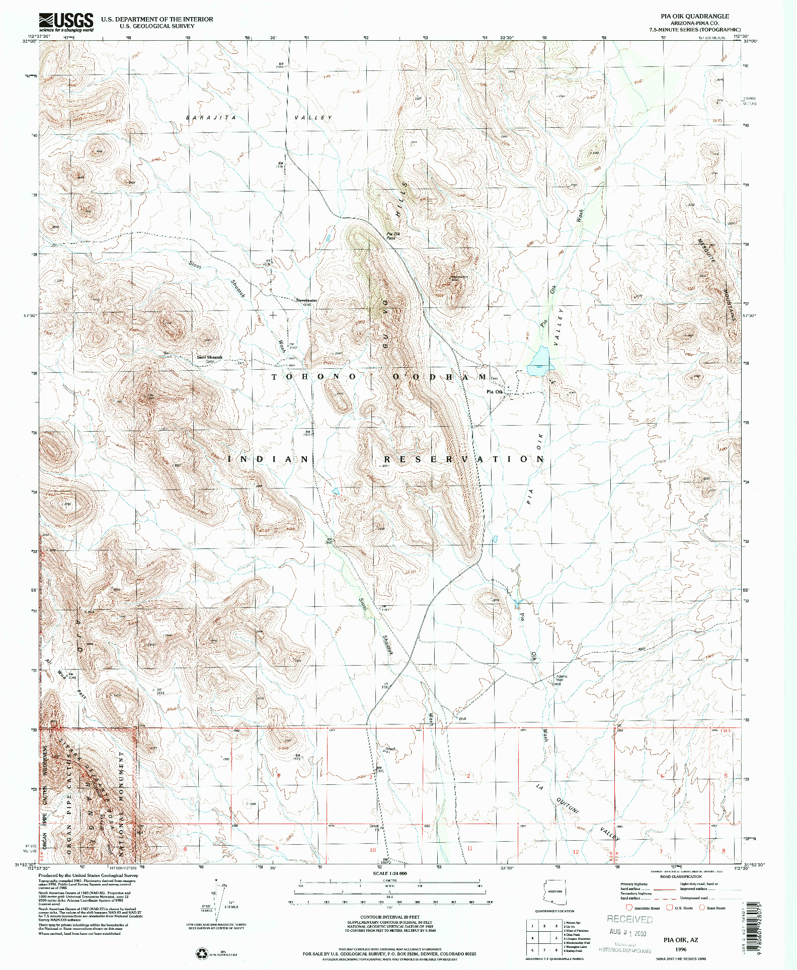 USGS 1:24000-SCALE QUADRANGLE FOR PIA OIK, AZ 1996