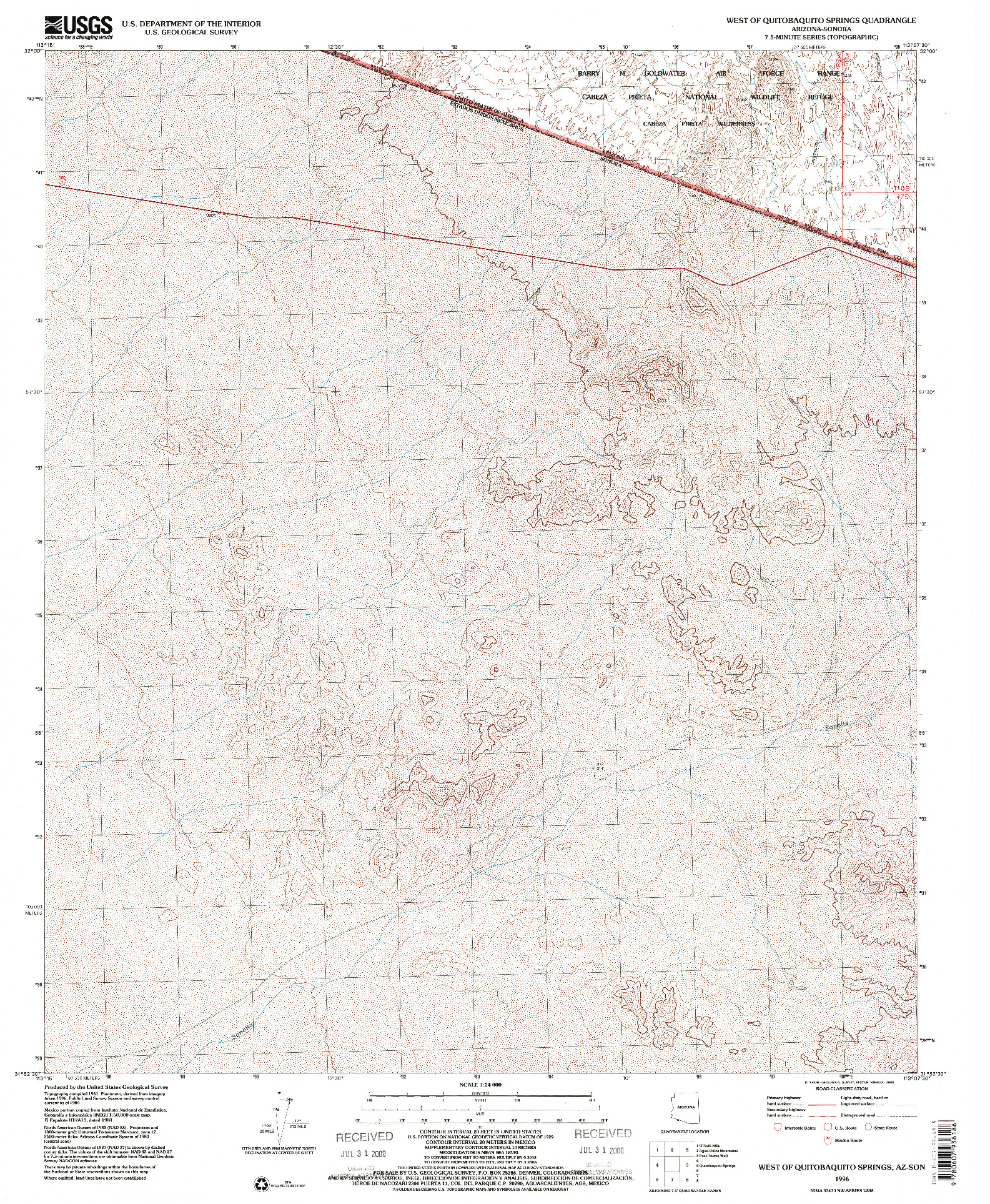 USGS 1:24000-SCALE QUADRANGLE FOR WEST OF QUITOBAQUITO SPRINGS, AZ 1996