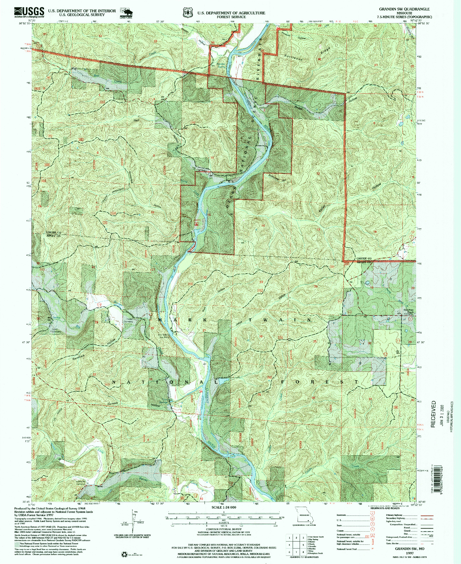 USGS 1:24000-SCALE QUADRANGLE FOR GRANDIN SW, MO 1997