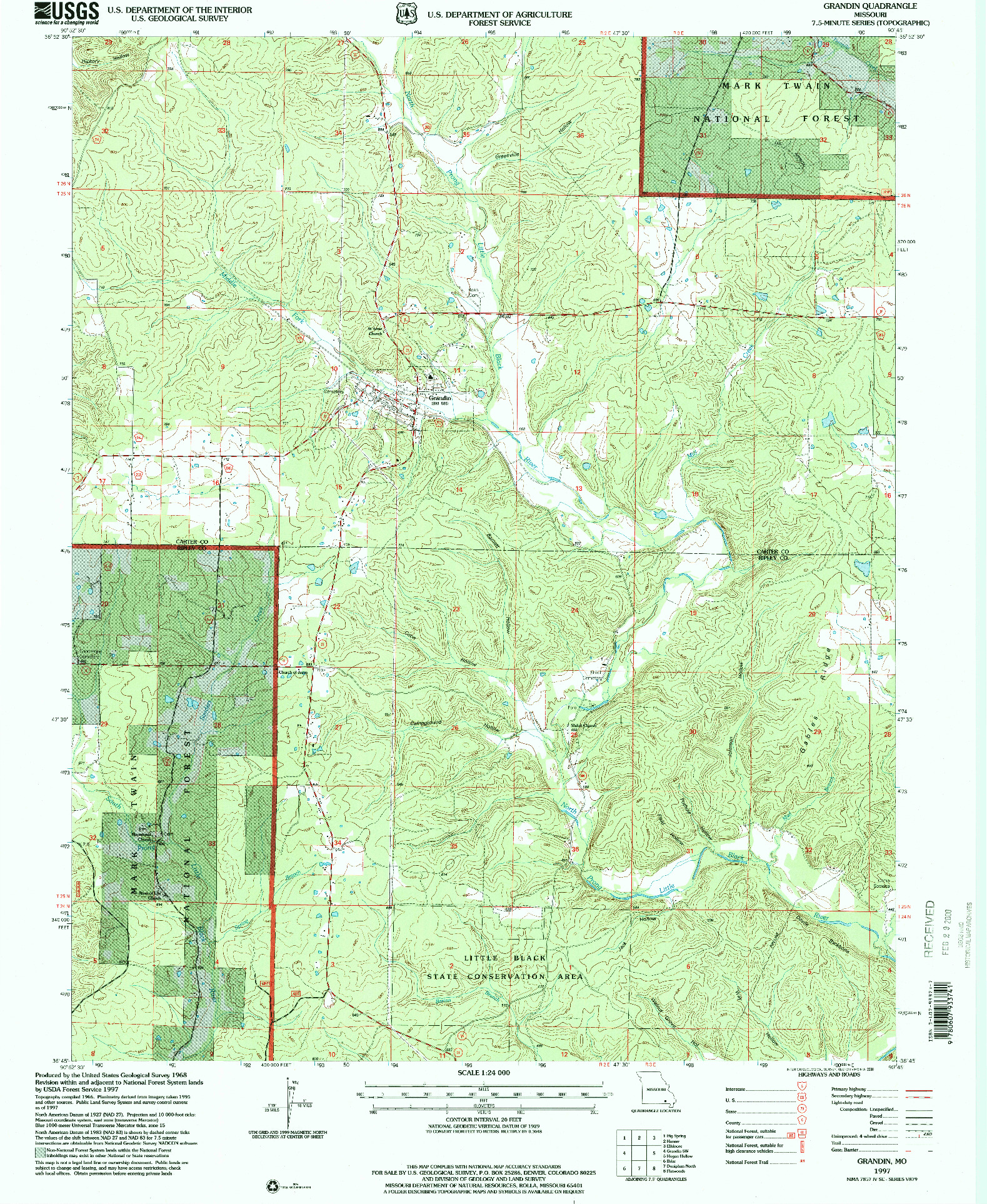 USGS 1:24000-SCALE QUADRANGLE FOR GRANDIN, MO 1997