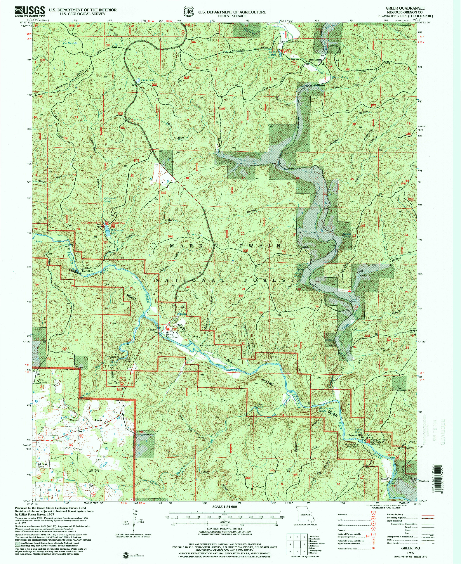 USGS 1:24000-SCALE QUADRANGLE FOR GREER, MO 1997