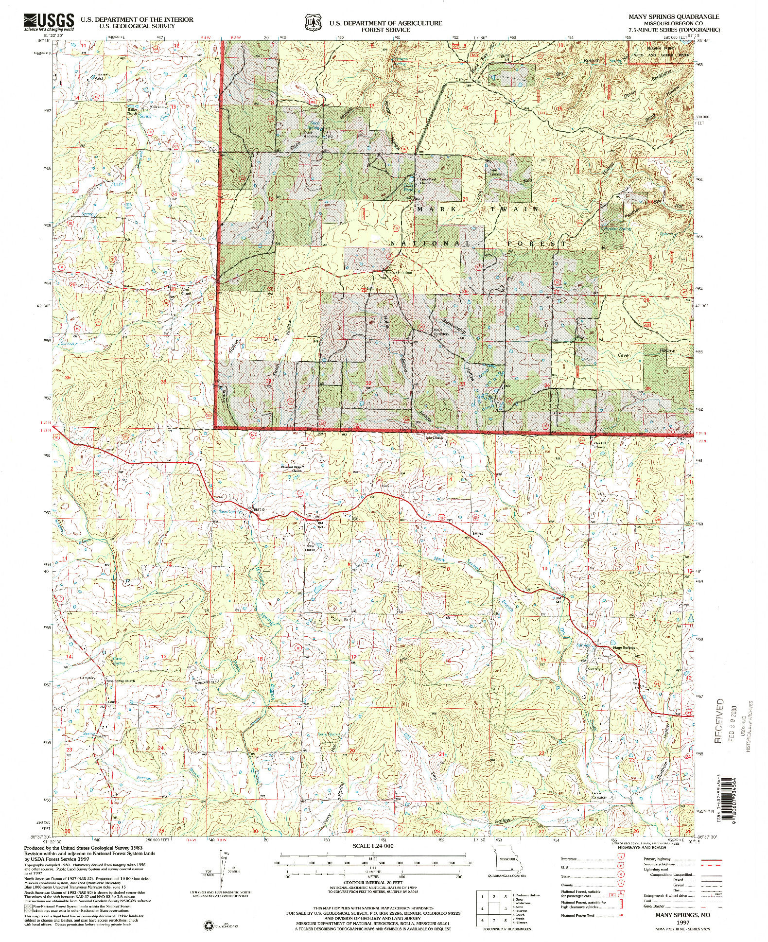 USGS 1:24000-SCALE QUADRANGLE FOR MANY SPRINGS, MO 1997