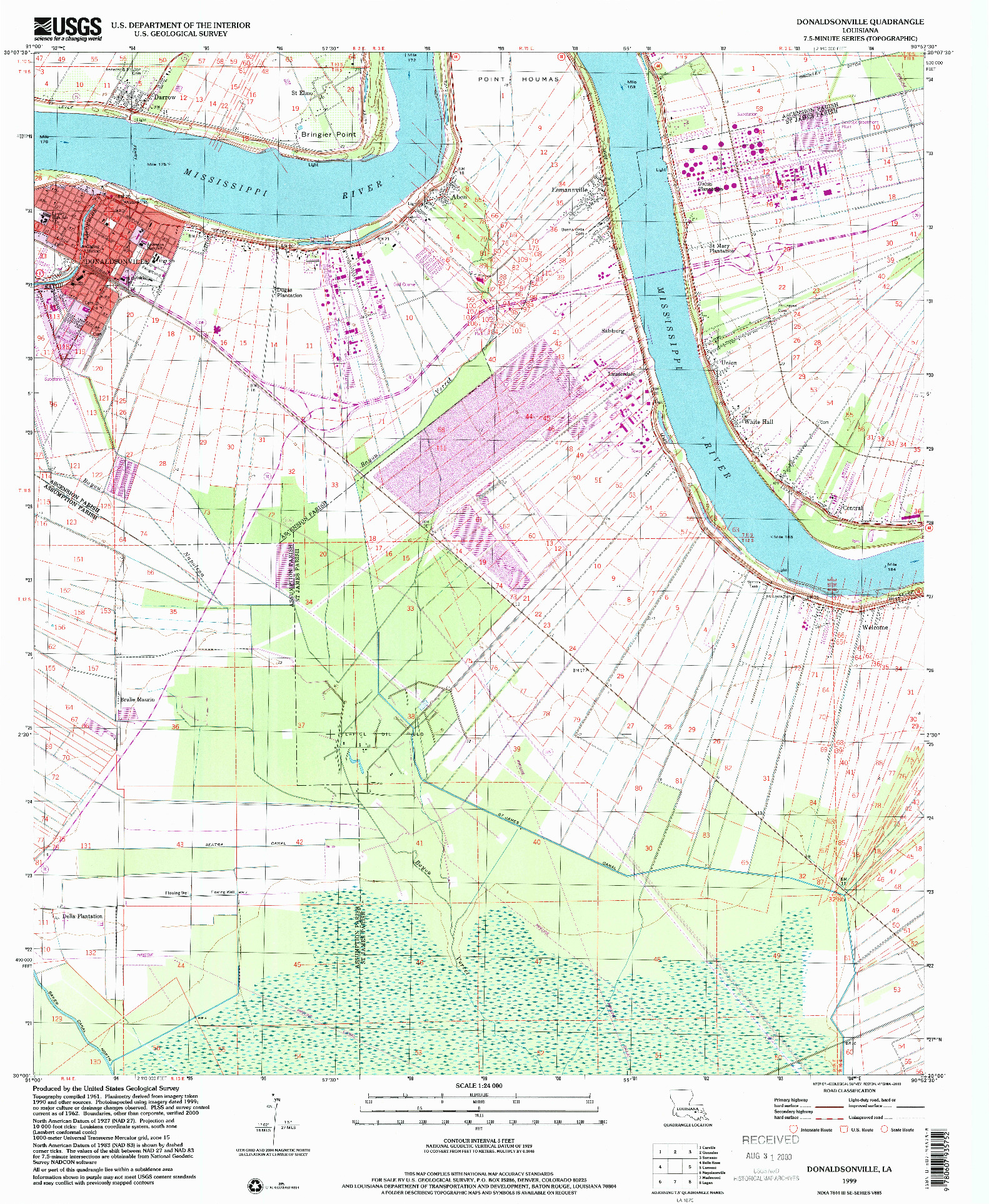 USGS 1:24000-SCALE QUADRANGLE FOR DONALDSONVILLE, LA 1999