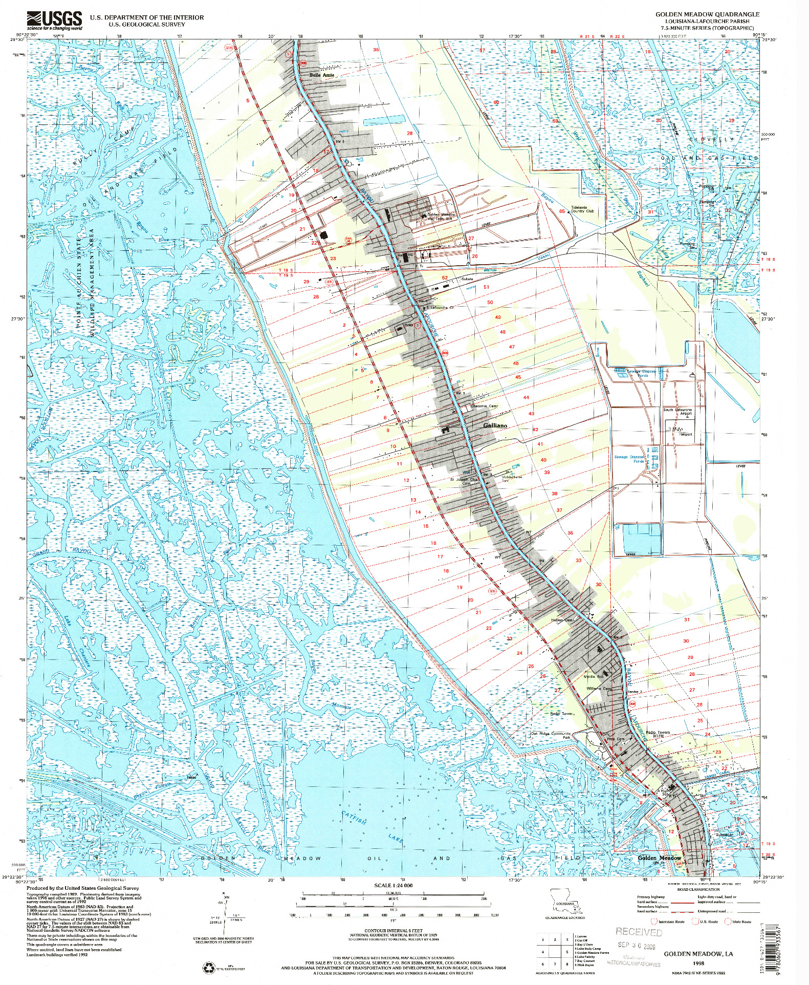 USGS 1:24000-SCALE QUADRANGLE FOR GOLDEN MEADOW, LA 1998