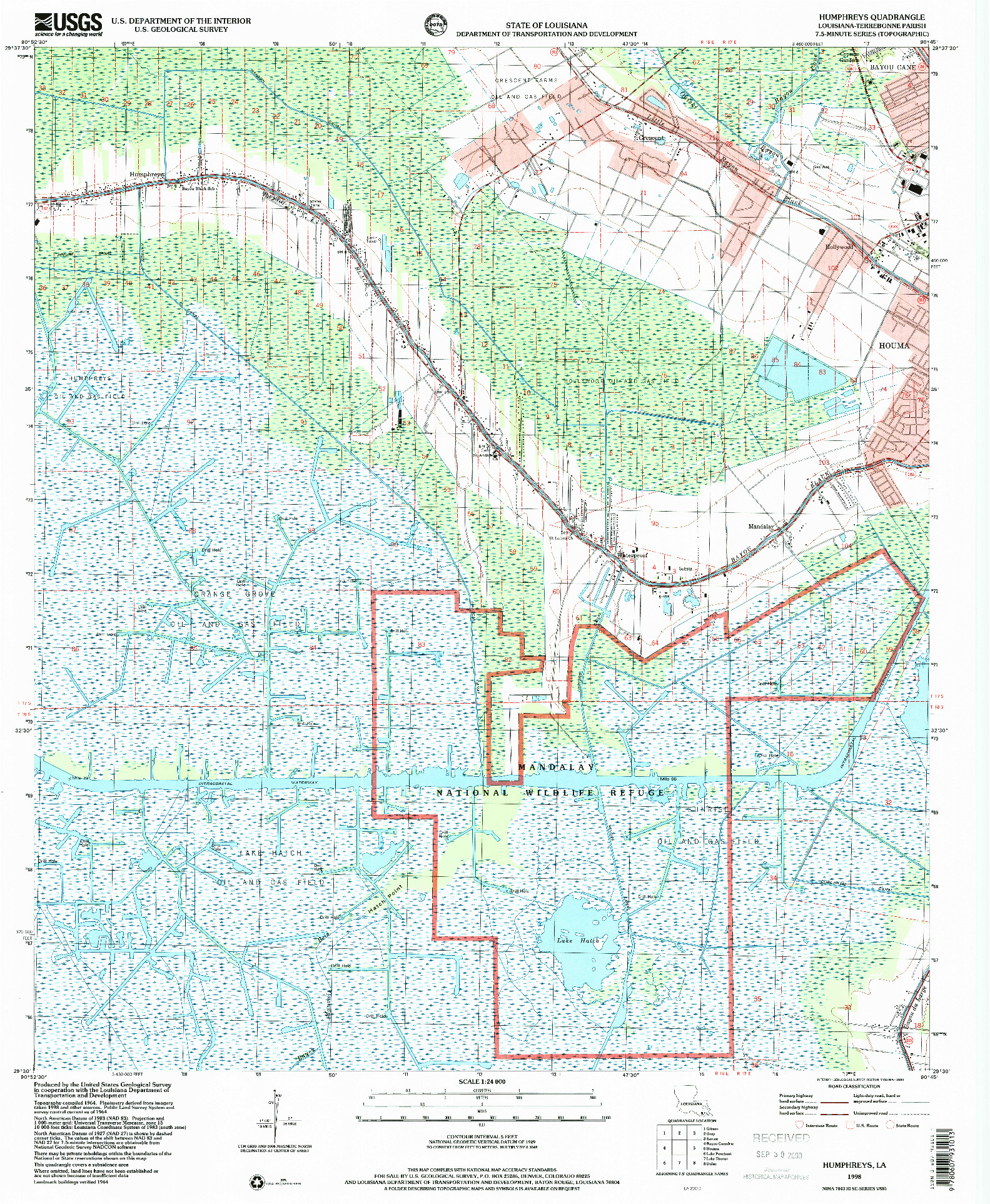 USGS 1:24000-SCALE QUADRANGLE FOR HUMPHREYS, LA 1998