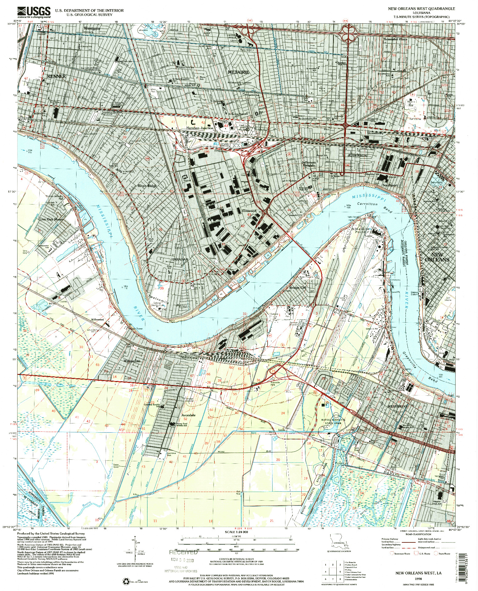 USGS 1:24000-SCALE QUADRANGLE FOR NEW ORLEANS WEST, LA 1998