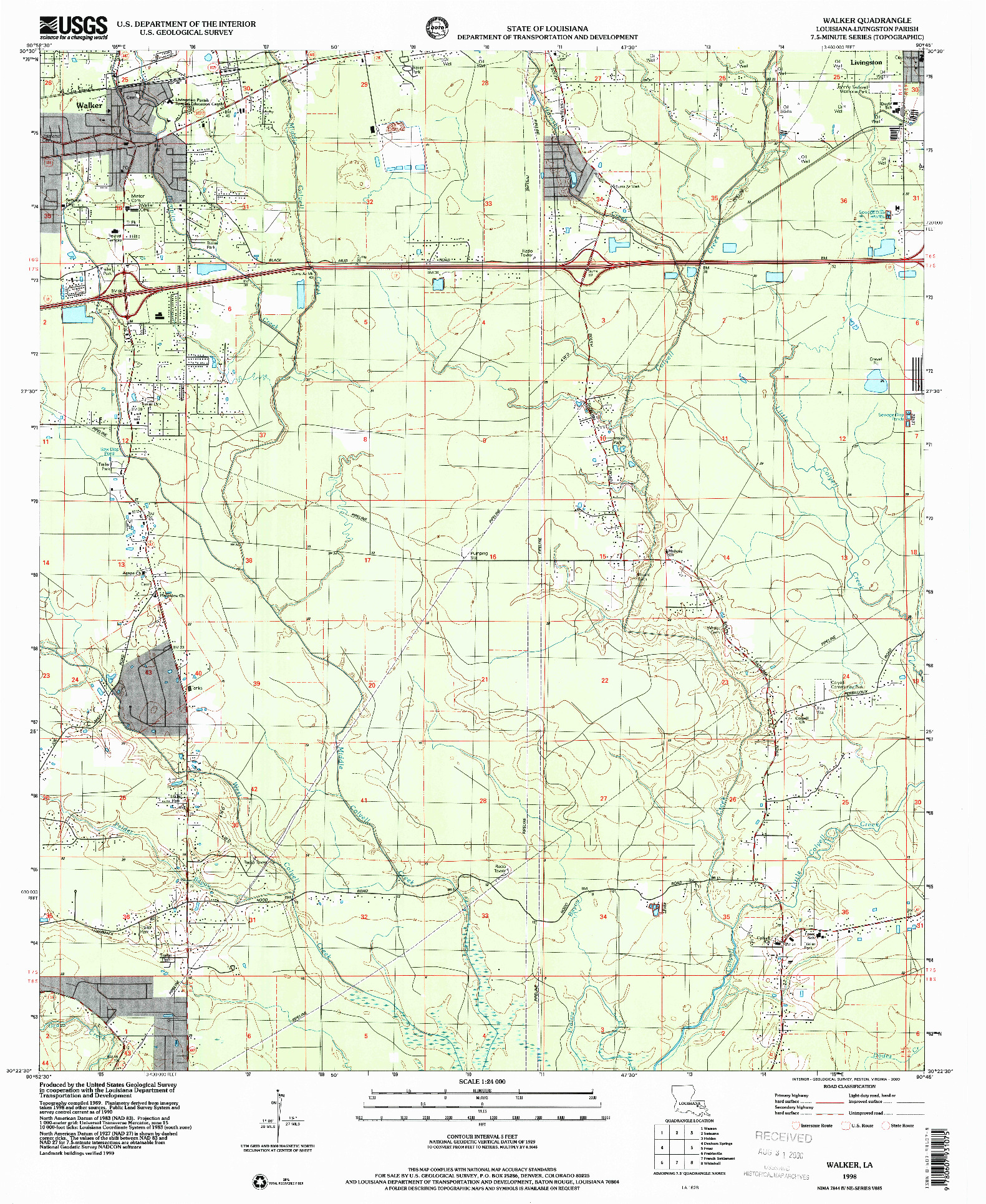 USGS 1:24000-SCALE QUADRANGLE FOR WALKER, LA 1998