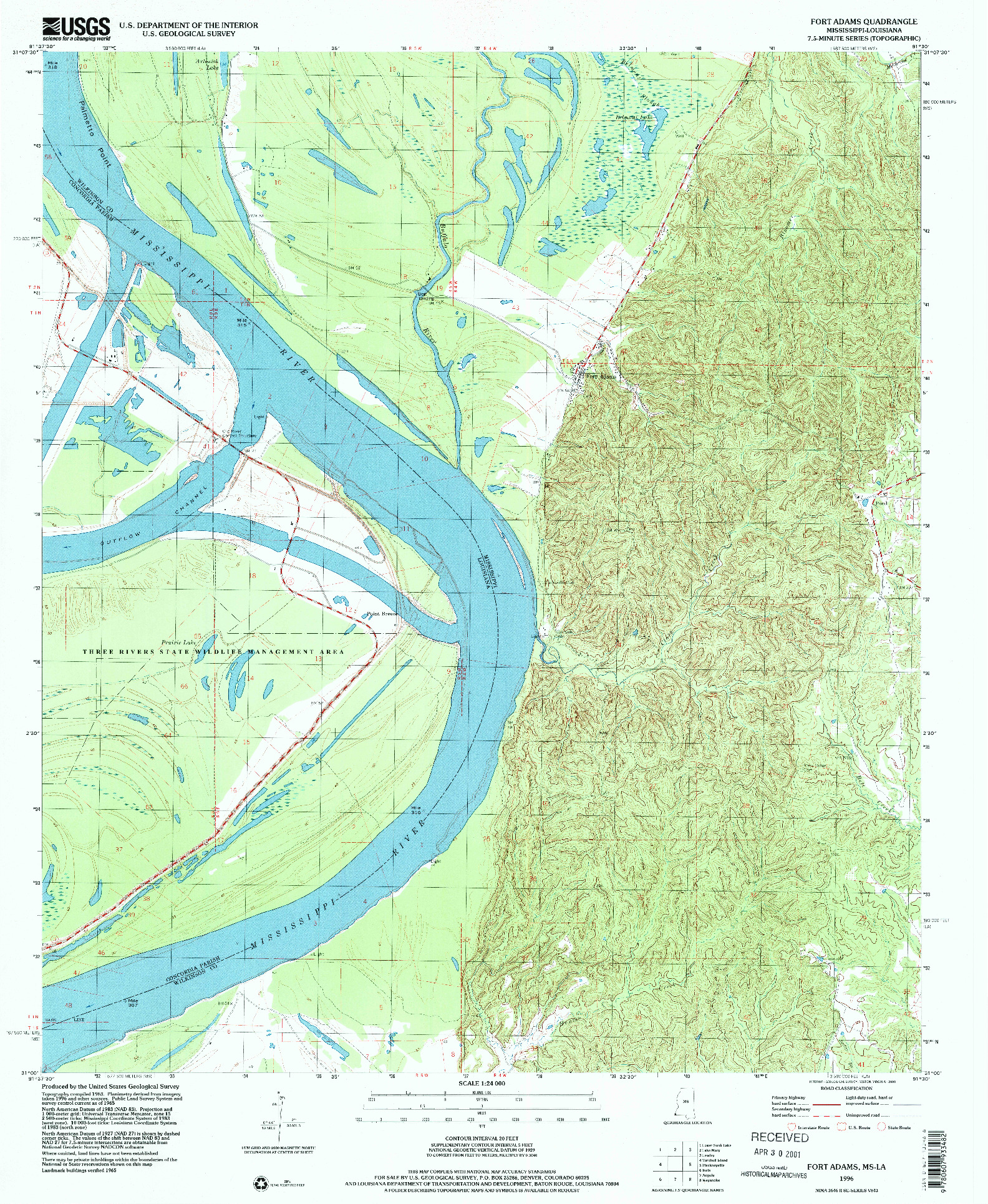 USGS 1:24000-SCALE QUADRANGLE FOR FORT ADAMS, MS 1996