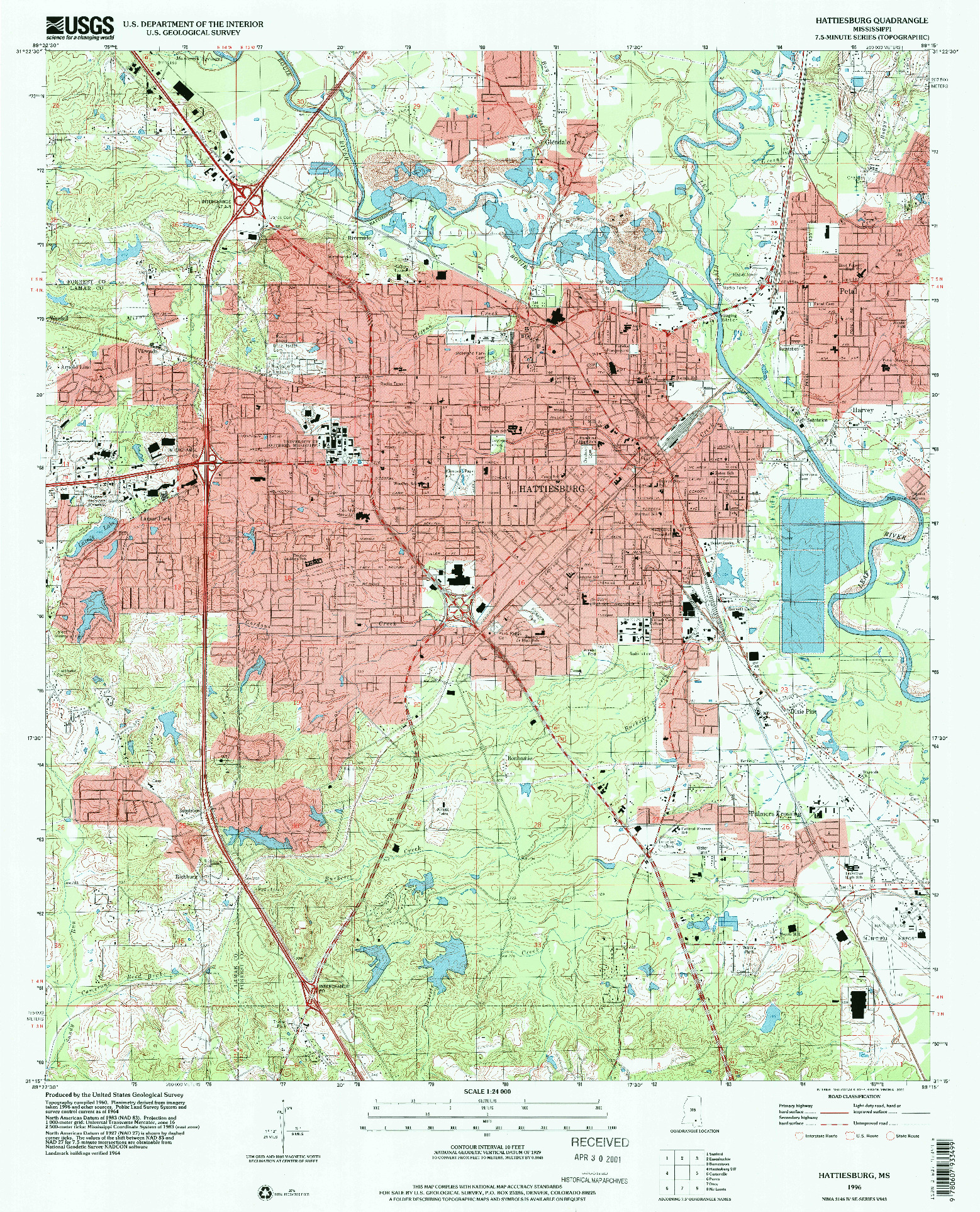 USGS 1:24000-SCALE QUADRANGLE FOR HATTIESBURG, MS 1996