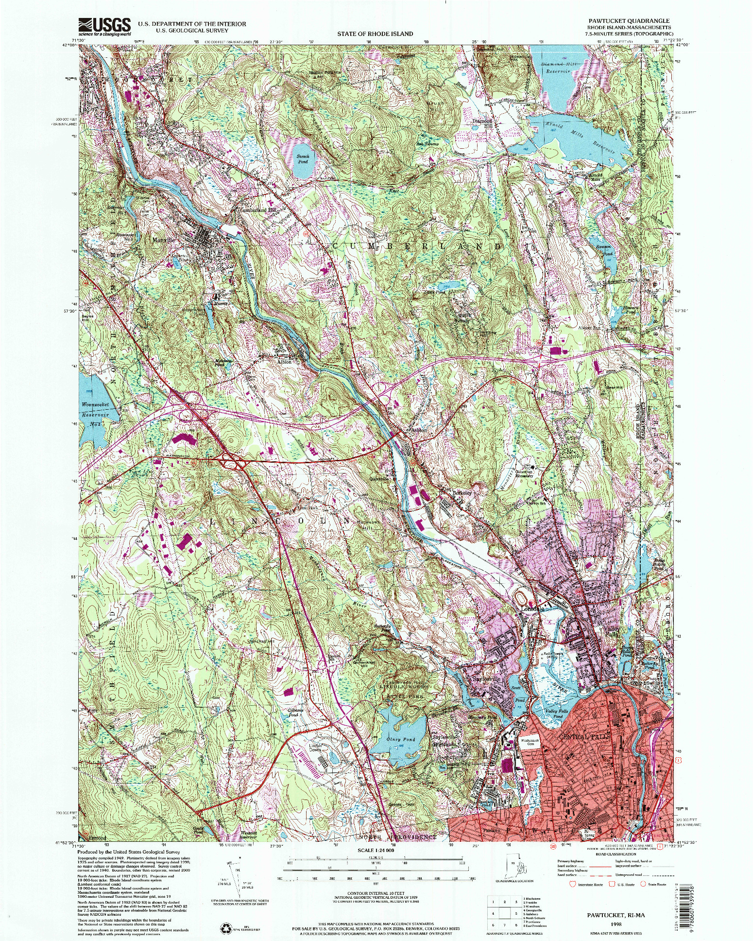 USGS 1:24000-SCALE QUADRANGLE FOR PAWTUCKET, RI 1998