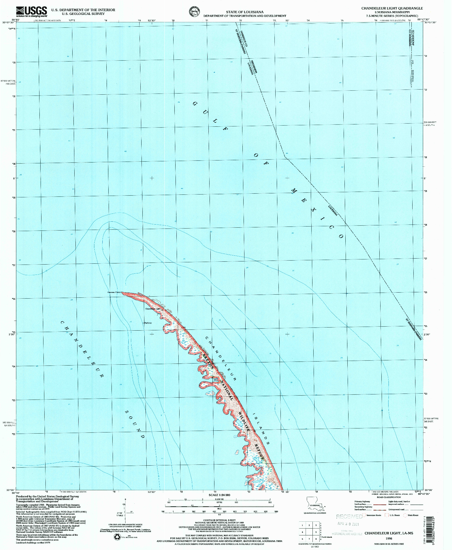 USGS 1:24000-SCALE QUADRANGLE FOR CHANDELEUR LIGHT, LA 1998