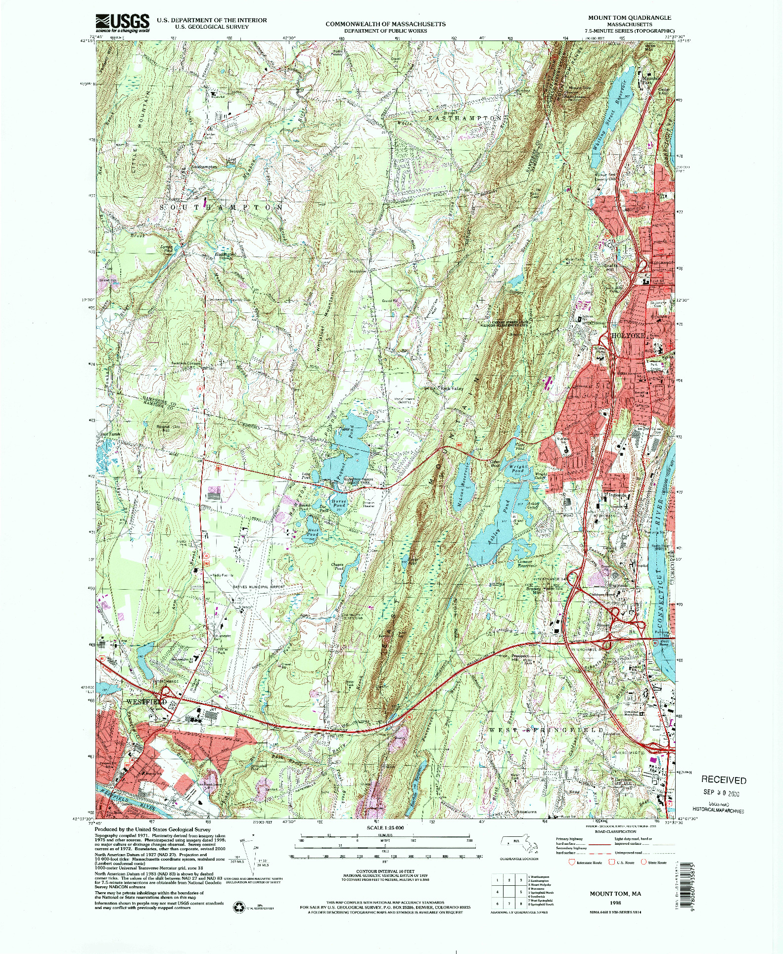 USGS 1:25000-SCALE QUADRANGLE FOR MOUNT TOM, MA 1998