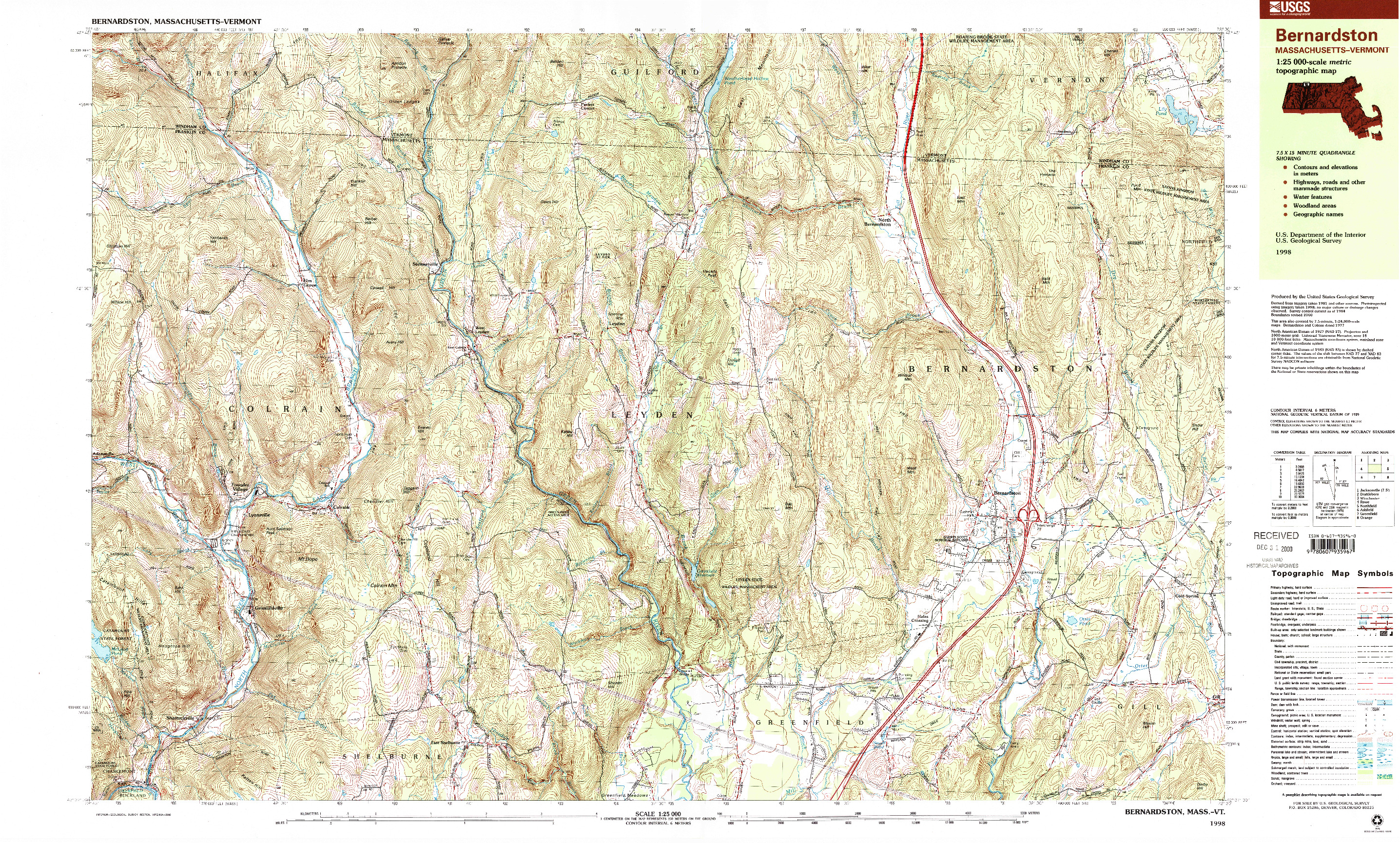 USGS 1:25000-SCALE QUADRANGLE FOR BERNARDSTON, MA 1998