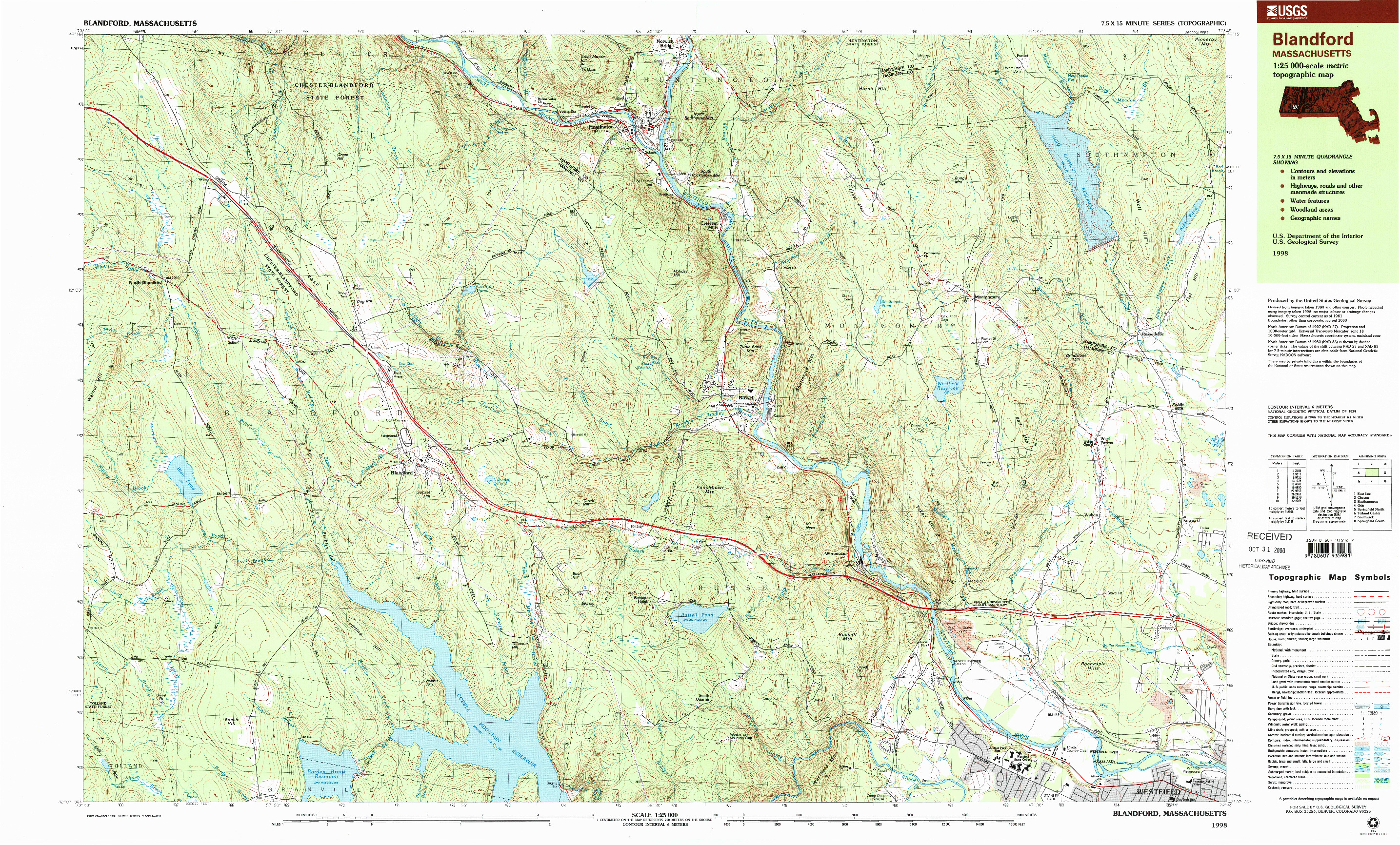 USGS 1:25000-SCALE QUADRANGLE FOR BLANDFORD, MA 1998