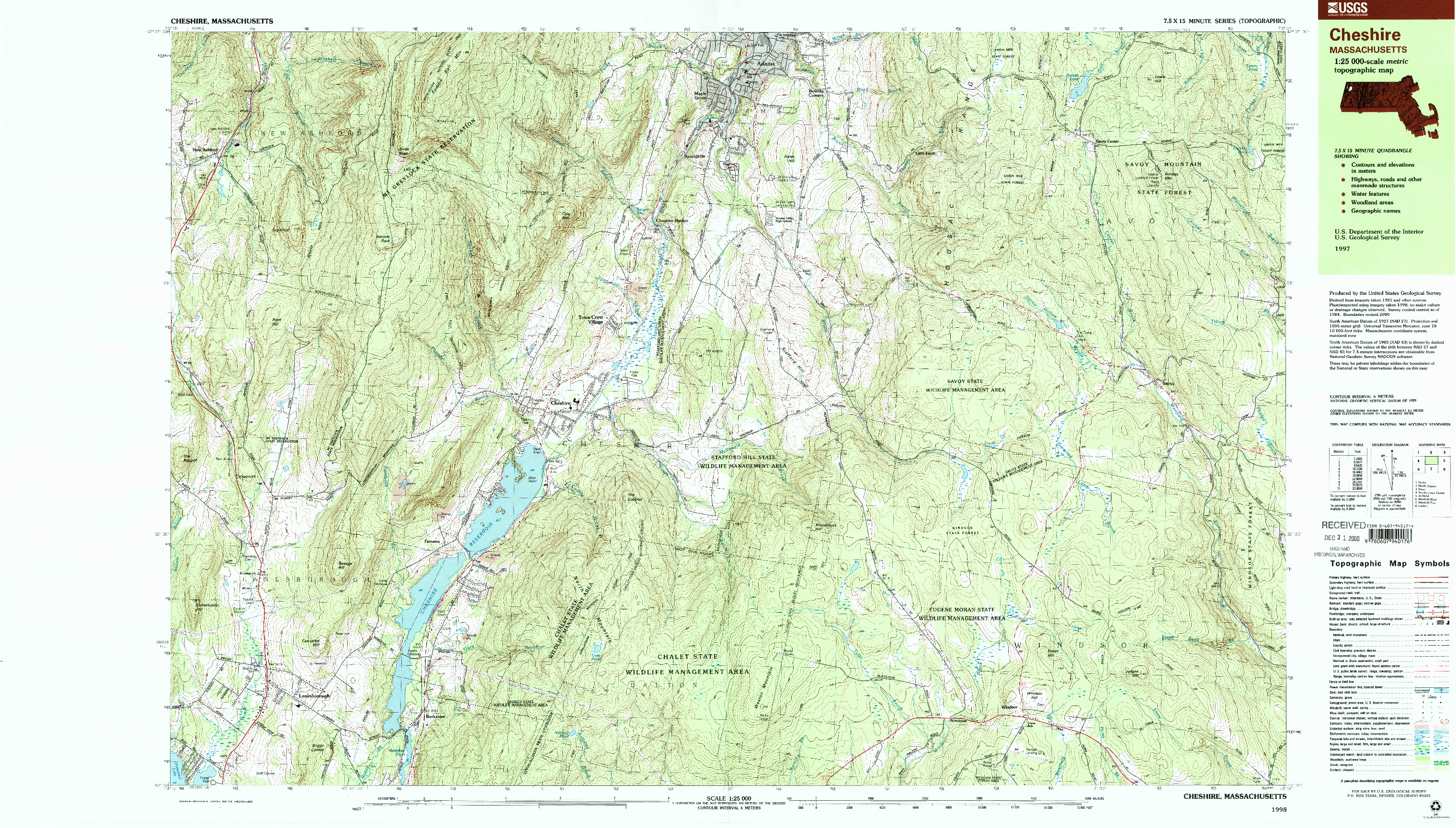 USGS 1:25000-SCALE QUADRANGLE FOR CHESHIRE, MA 1998