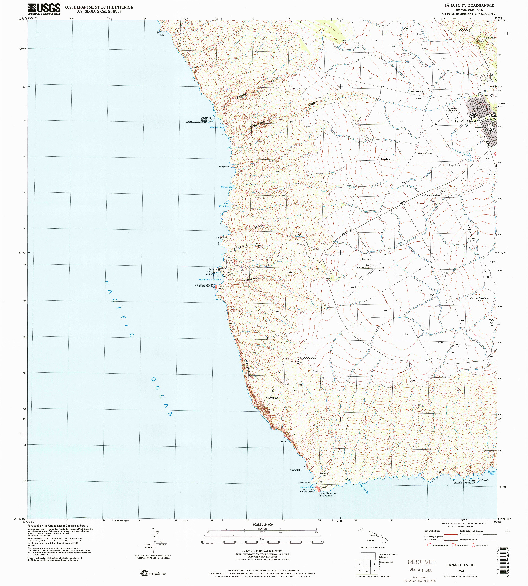 USGS 1:24000-SCALE QUADRANGLE FOR LANAI CITY, HI 1992