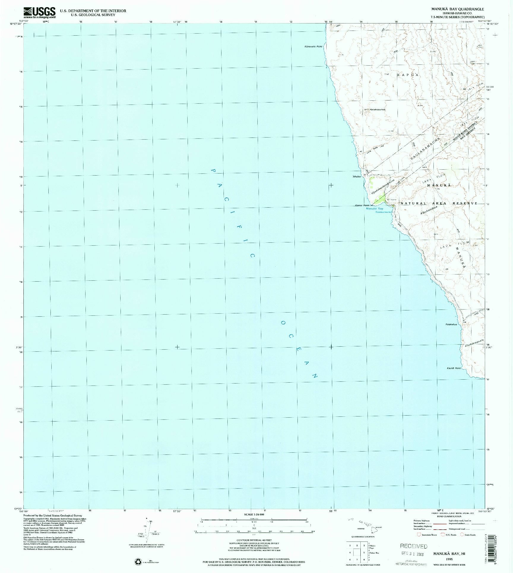 USGS 1:24000-SCALE QUADRANGLE FOR MANUKA BAY, HI 1995