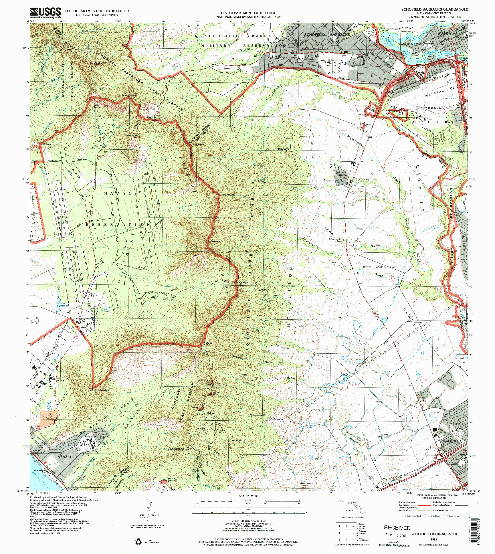 USGS 1:24000-SCALE QUADRANGLE FOR SCHOFIELD BARRACKS, HI 1998