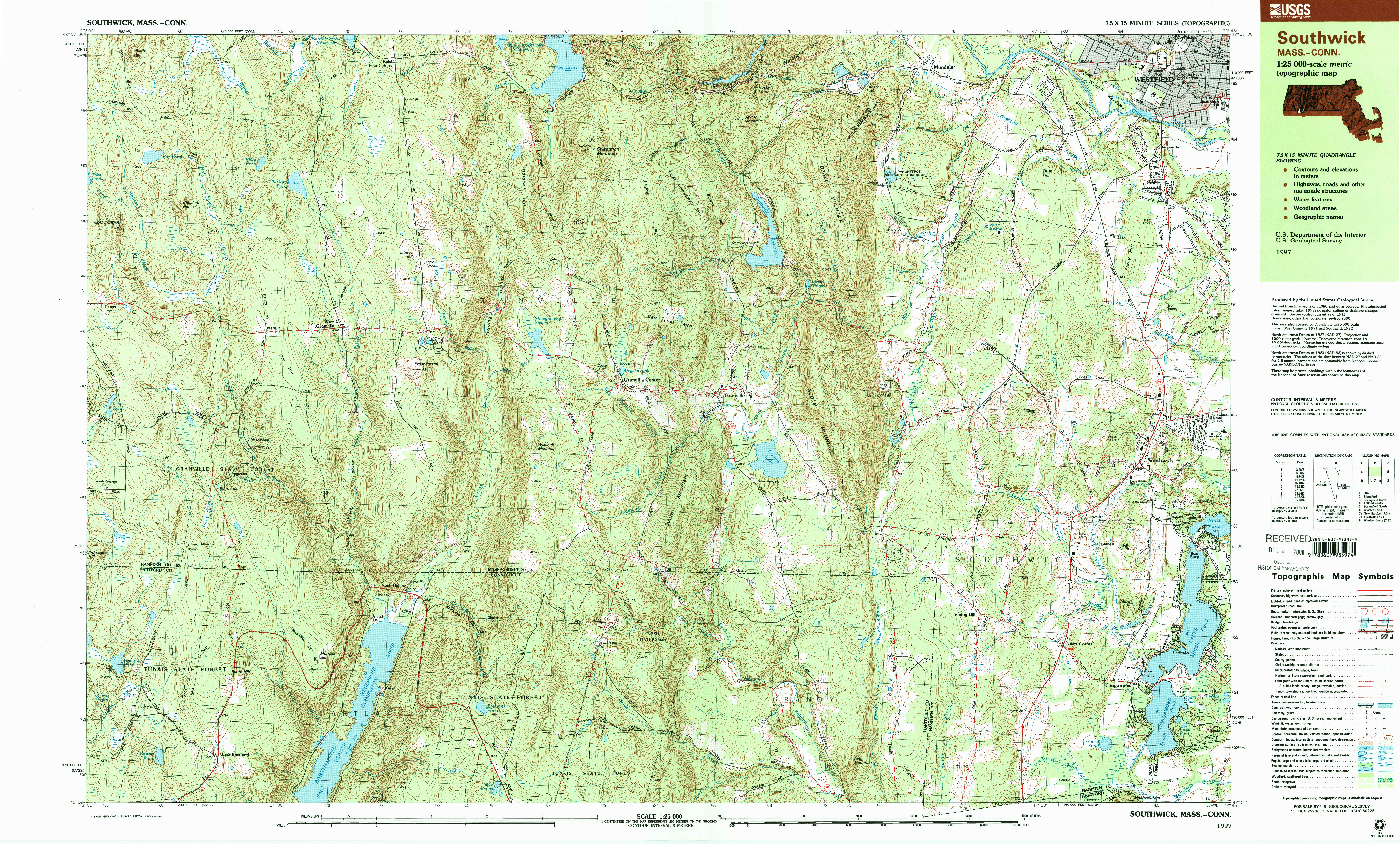 USGS 1:25000-SCALE QUADRANGLE FOR SOUTHWICK, MA 1997