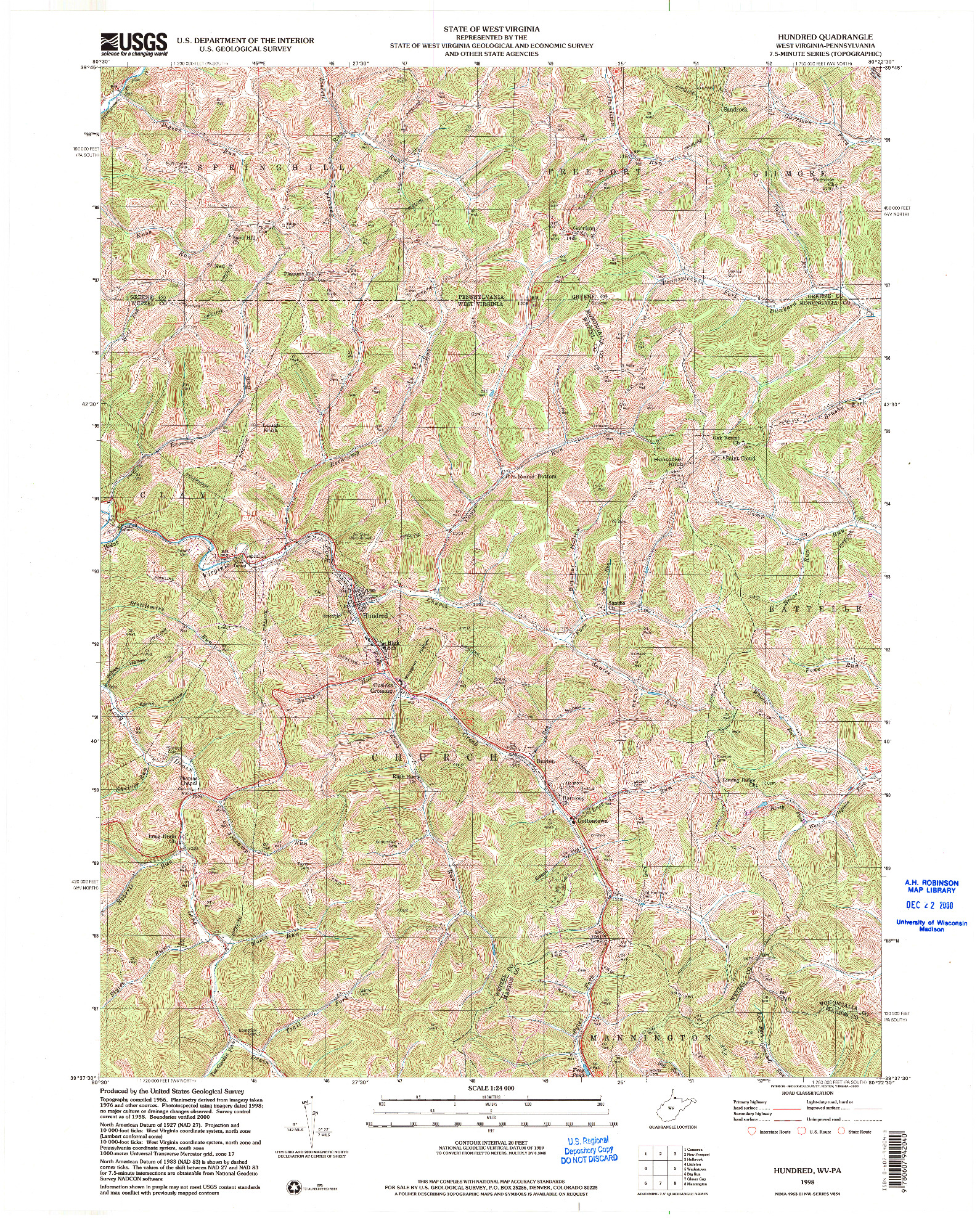 USGS 1:24000-SCALE QUADRANGLE FOR HUNDRED, WV 1998