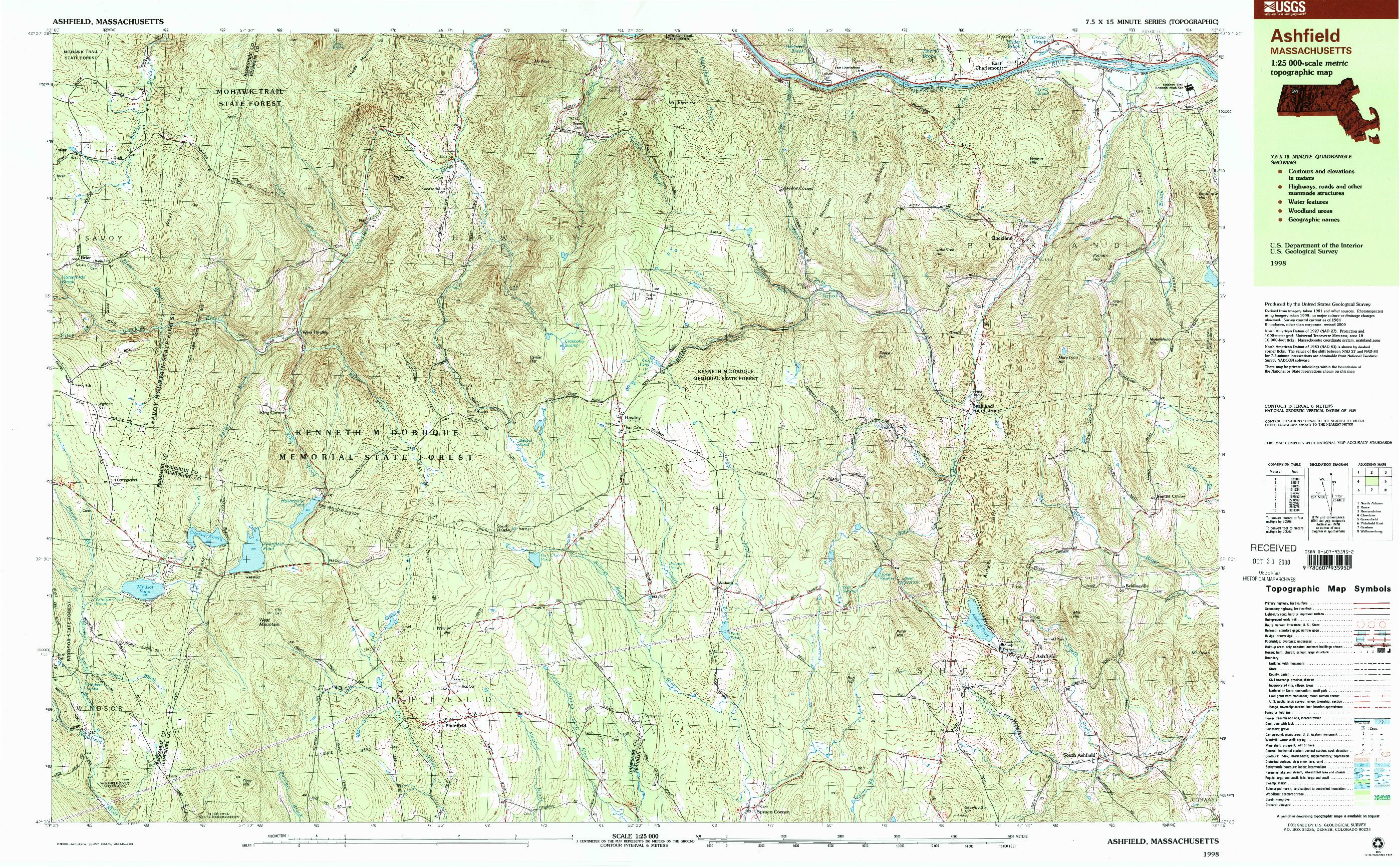 USGS 1:25000-SCALE QUADRANGLE FOR ASHFIELD, MA 1998