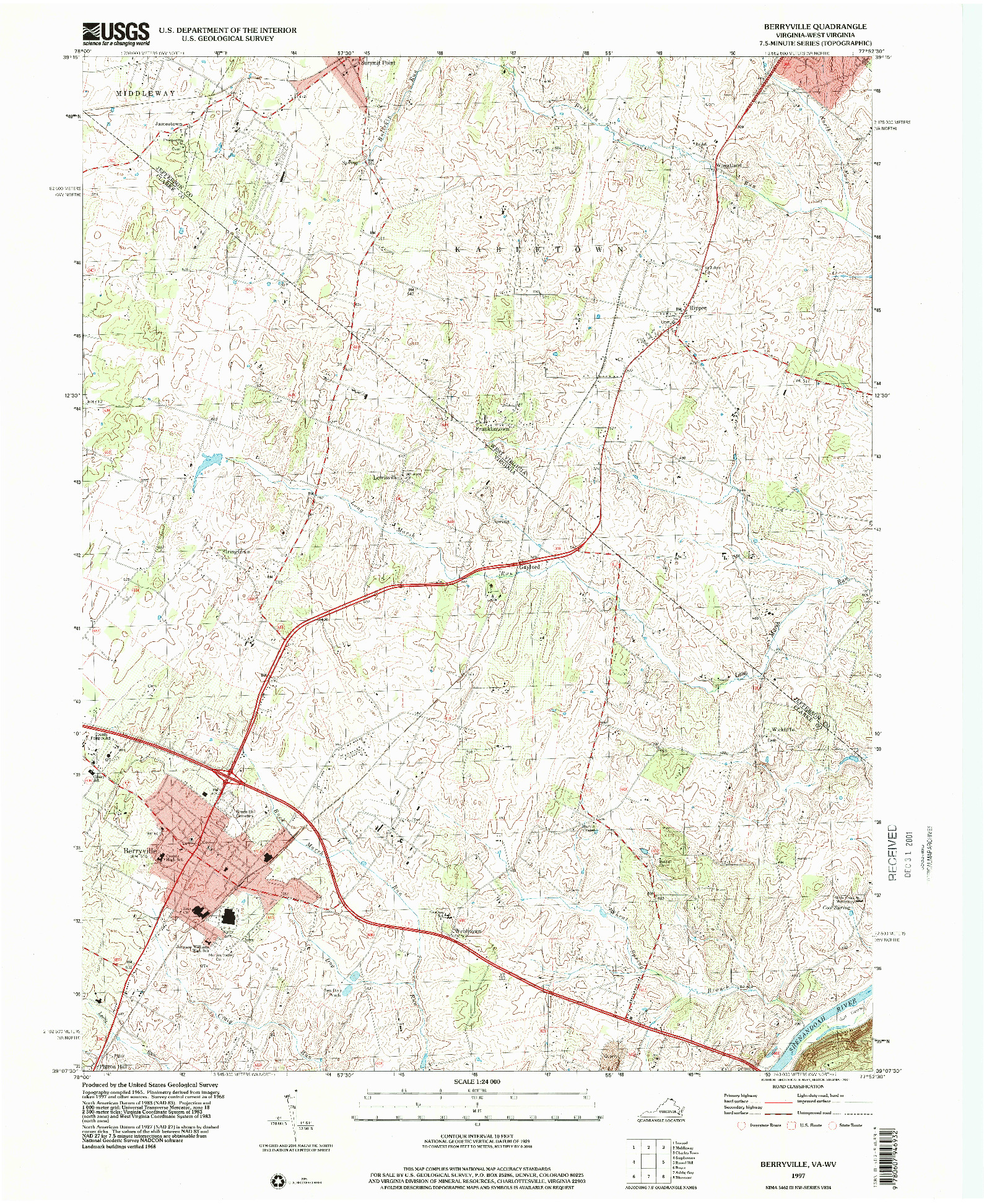 USGS 1:24000-SCALE QUADRANGLE FOR BERRYVILLE, VA 1997