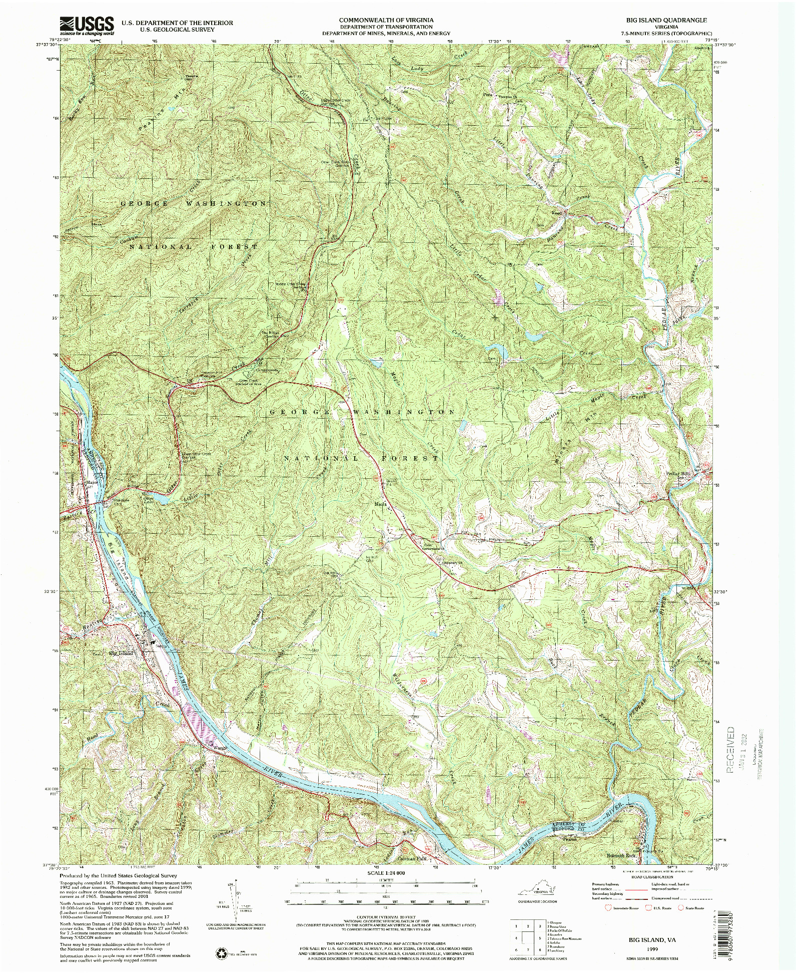 USGS 1:24000-SCALE QUADRANGLE FOR BIG ISLAND, VA 1999