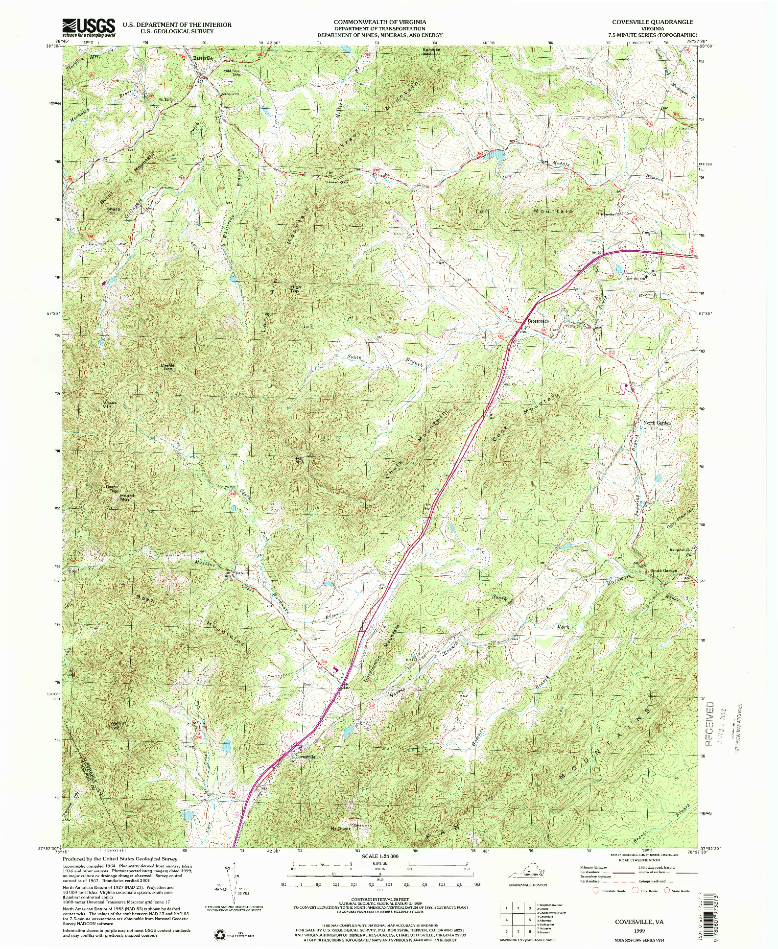 USGS 1:24000-SCALE QUADRANGLE FOR COVESVILLE, VA 1999