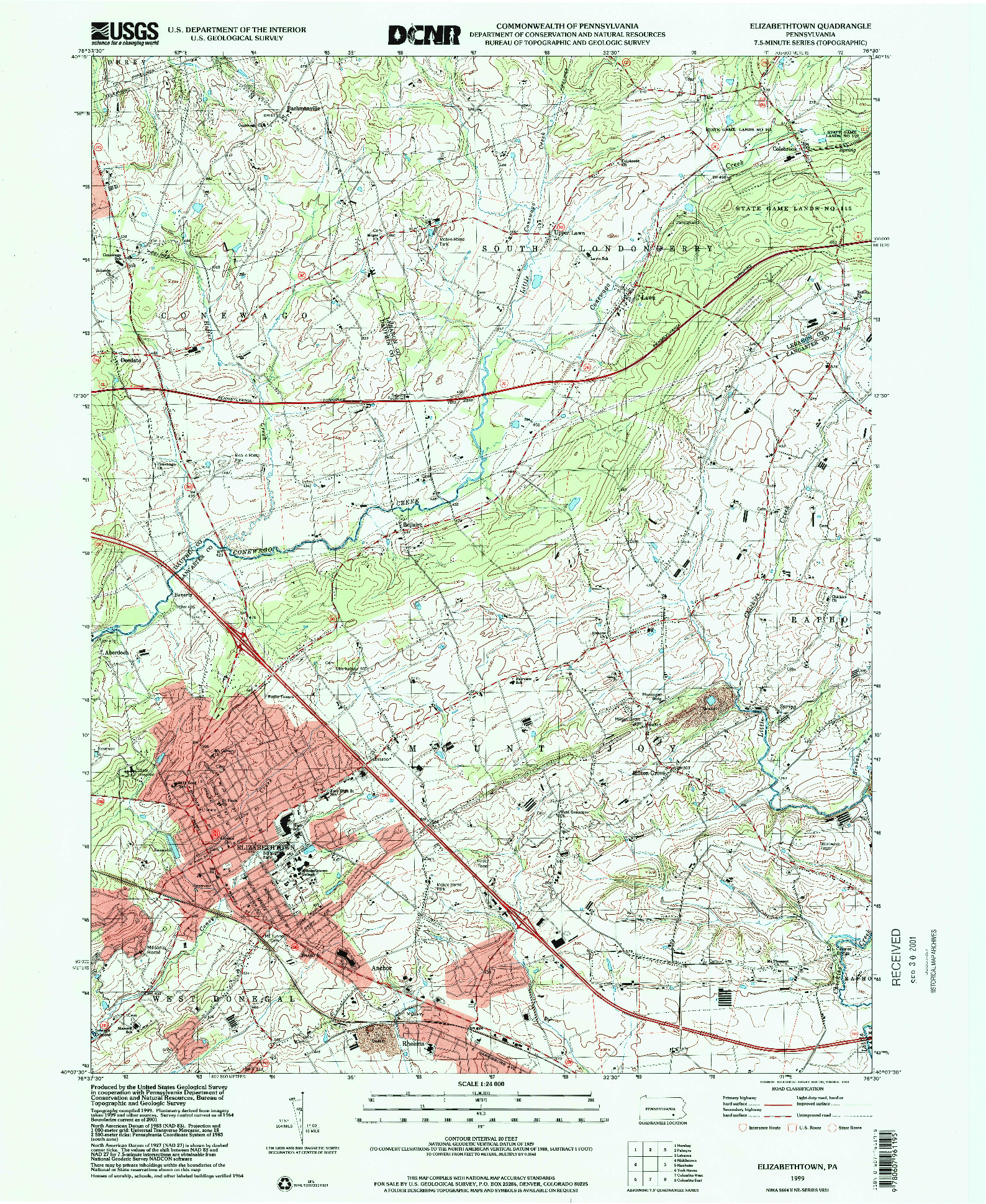 USGS 1:24000-SCALE QUADRANGLE FOR ELIZABETHTOWN, PA 1999