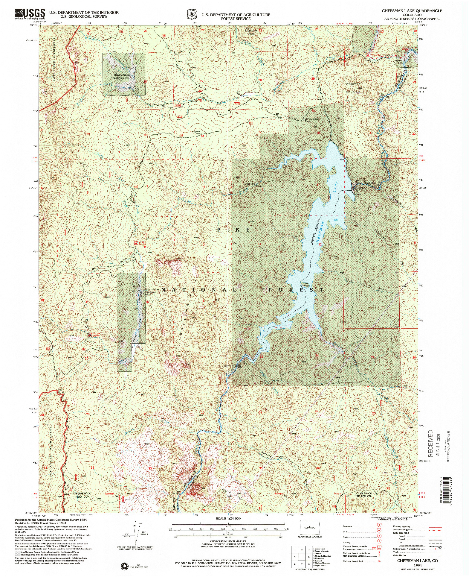 USGS 1:24000-SCALE QUADRANGLE FOR CHEESMAN LAKE, CO 1994