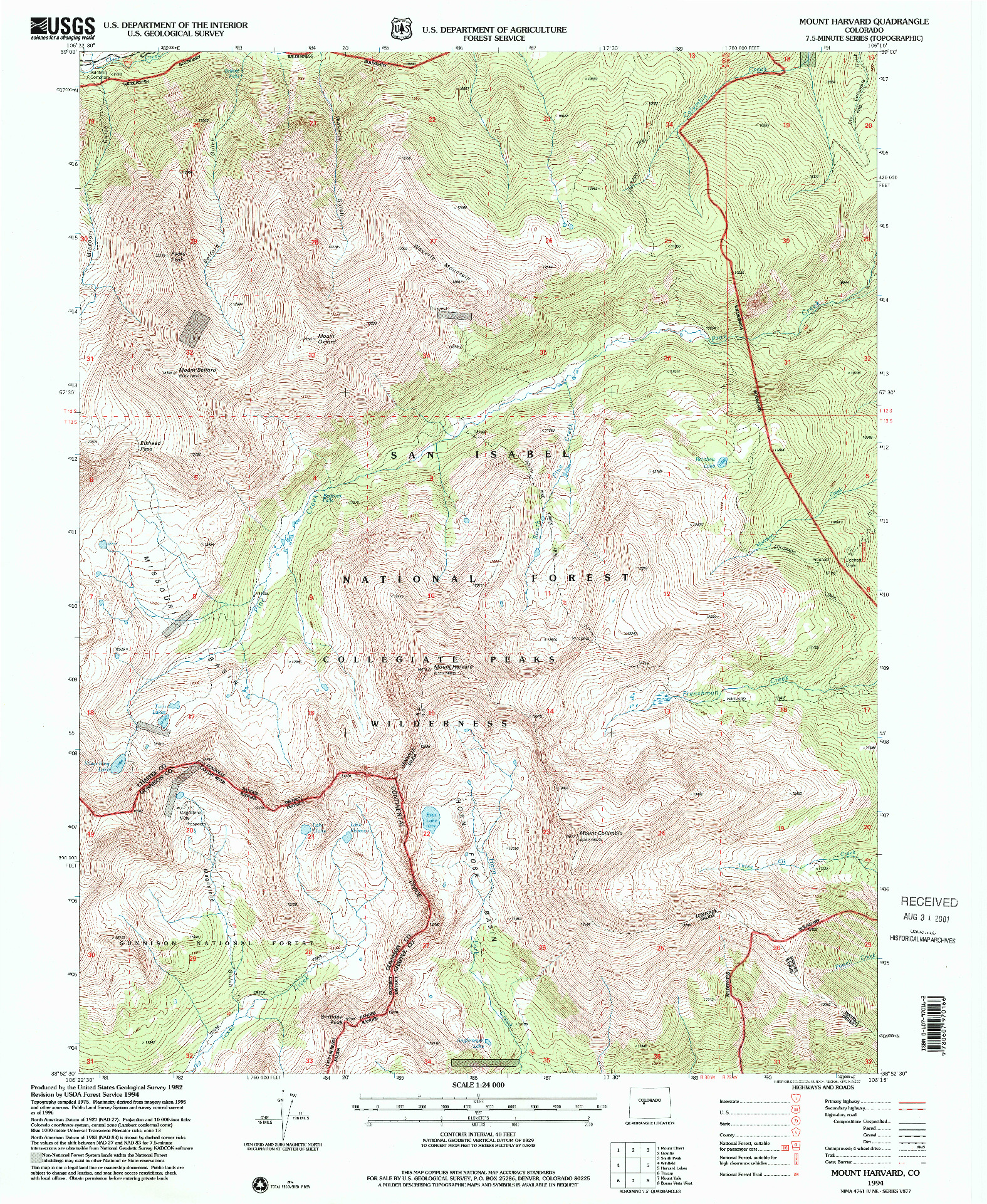 USGS 1:24000-SCALE QUADRANGLE FOR MOUNT HARVARD, CO 1994
