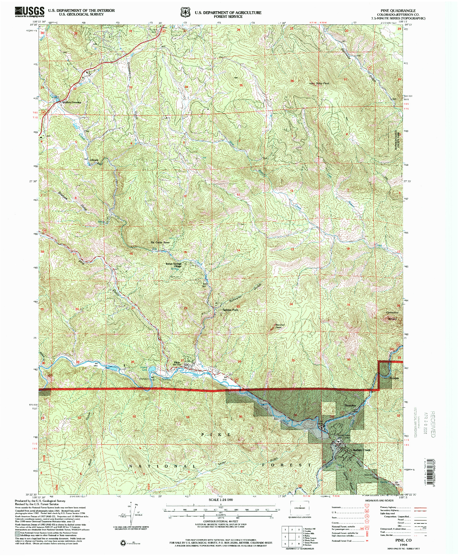 USGS 1:24000-SCALE QUADRANGLE FOR PINE, CO 1994