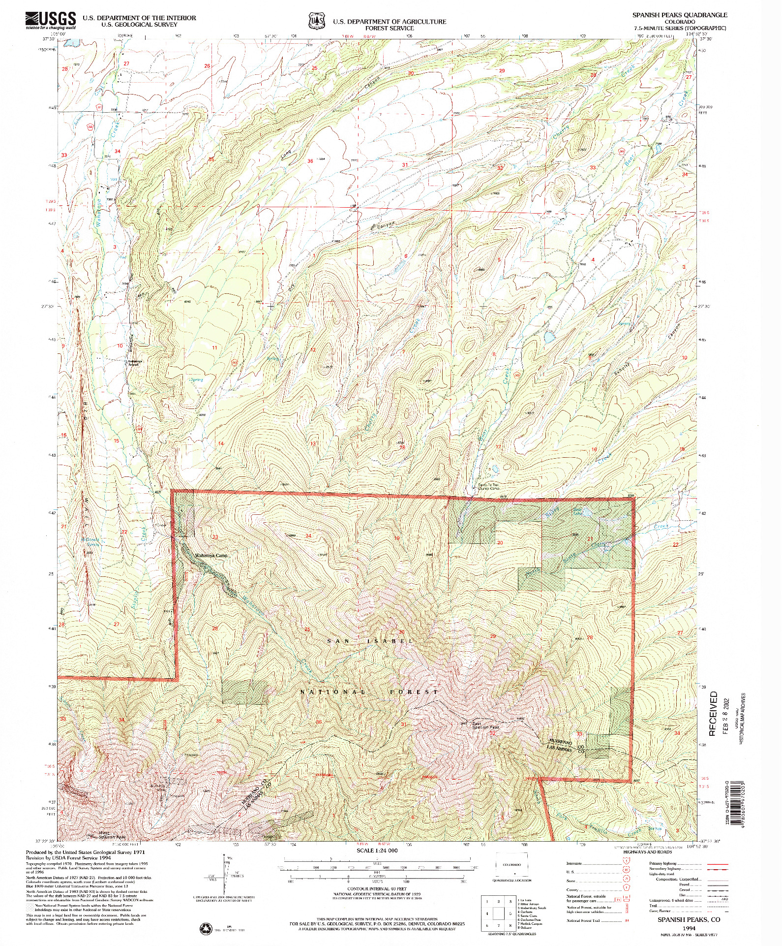 USGS 1:24000-SCALE QUADRANGLE FOR SPANISH PEAKS, CO 1994