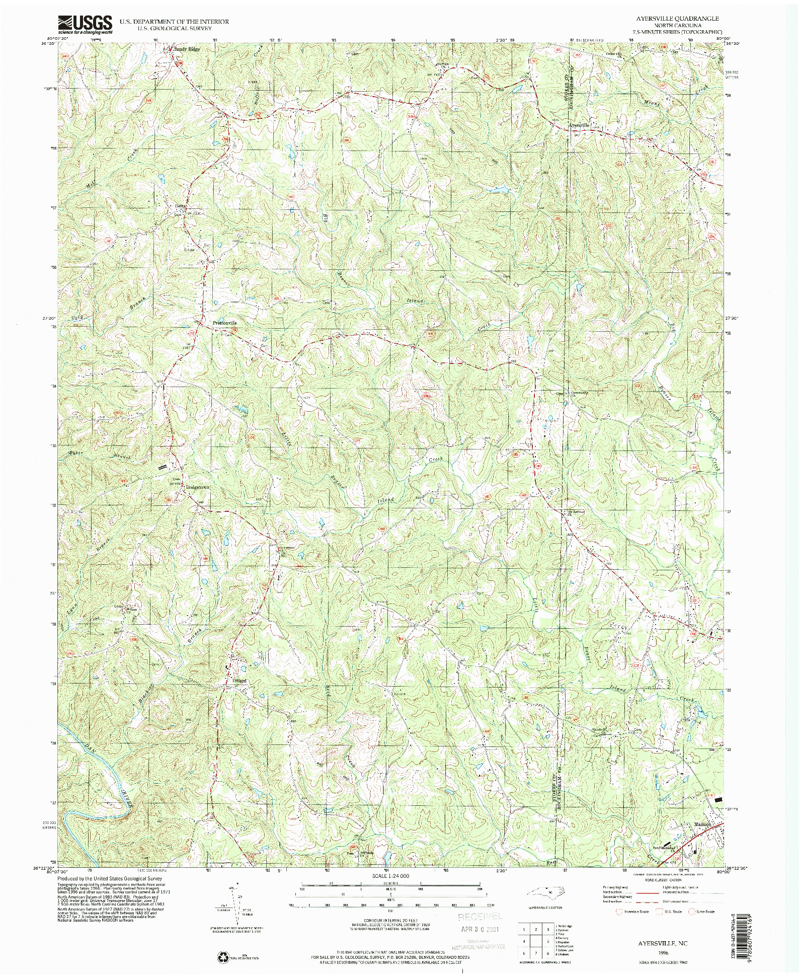 USGS 1:24000-SCALE QUADRANGLE FOR AYERSVILLE, NC 1996