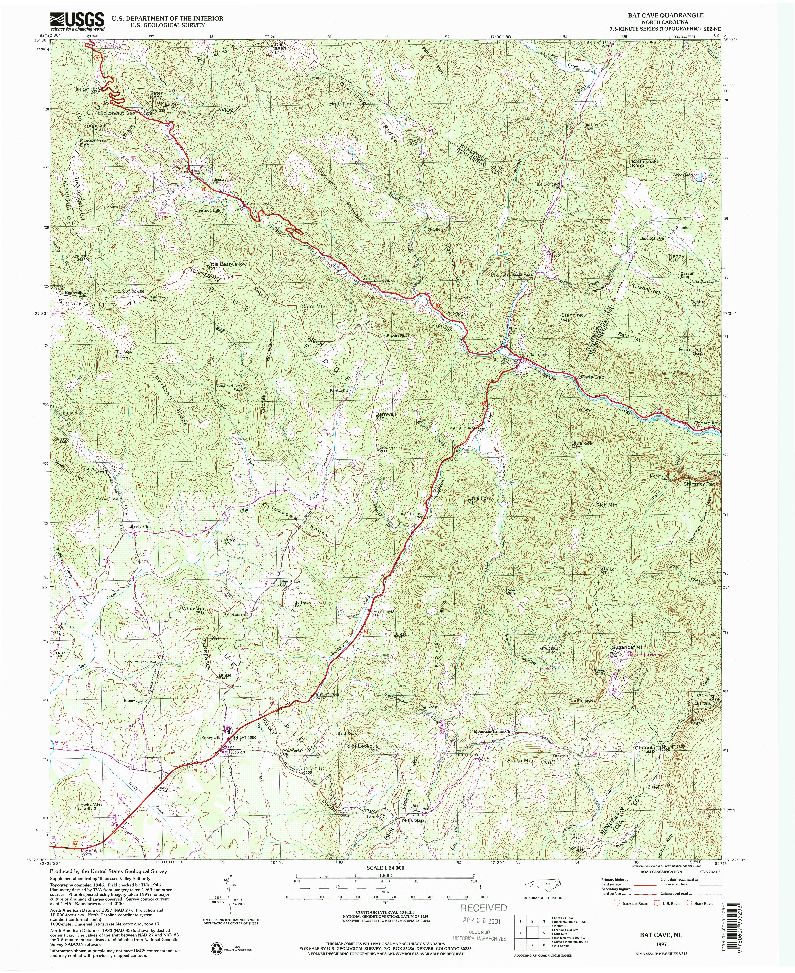 USGS 1:24000-SCALE QUADRANGLE FOR BAT CAVE, NC 1997